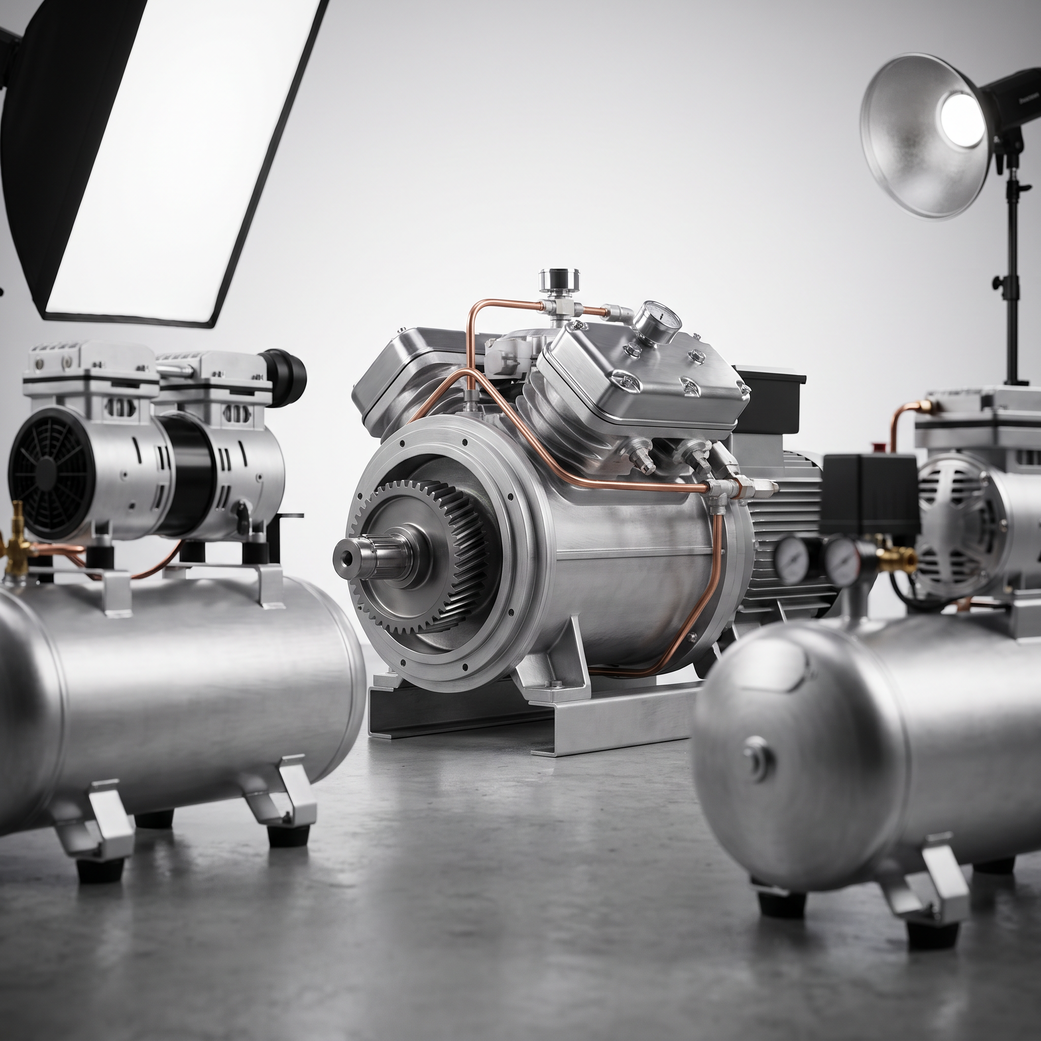 AI Design for Professional studio product photography of {{product:Compressors}}, captured with crisp industrial lighting against a clean, neutral gradient background. Focus on the intricate metallic textures, polished steel surfaces, and precision engineering details, utilizing a shallow depth of field to emphasize the structural complexity and commercial aesthetic.
