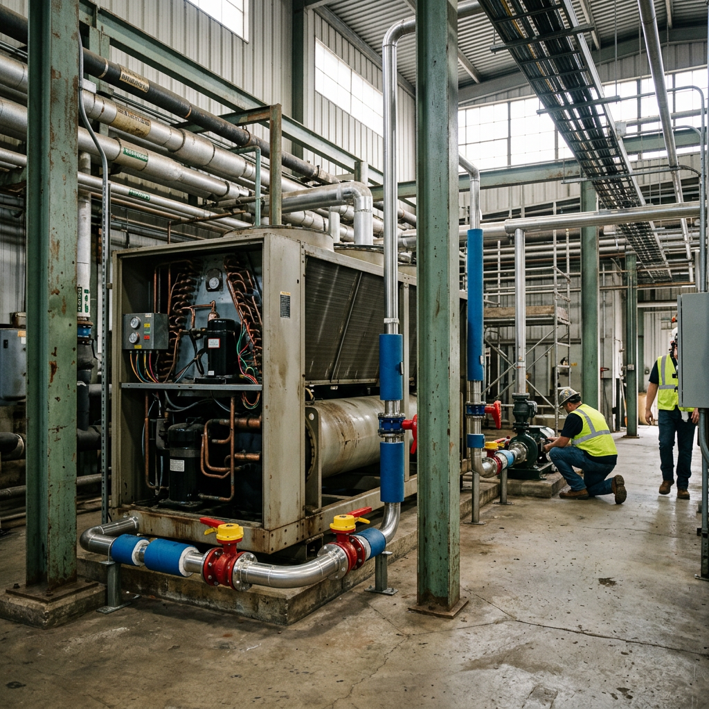 AI Design for An authentic documentary-style industrial engineering photograph capturing a large thermal system installation inside an operating mechanical facility, featuring a massive industrial chiller with service panels open to reveal exposed components, newly integrated upgrade piping, and modern valves contrasting naturally with older equipment. The background showcases a genuine working plant environment with concrete flooring, overhead pipe racks, cable trays, and subtle industrial wear. Natural ambient lighting streams through the facility, highlighting tactile textures of weathered painted metal, insulated copper piping, and steel supports with an understated, professional corporate composition. no human face should appear. No other brand / company names should appear