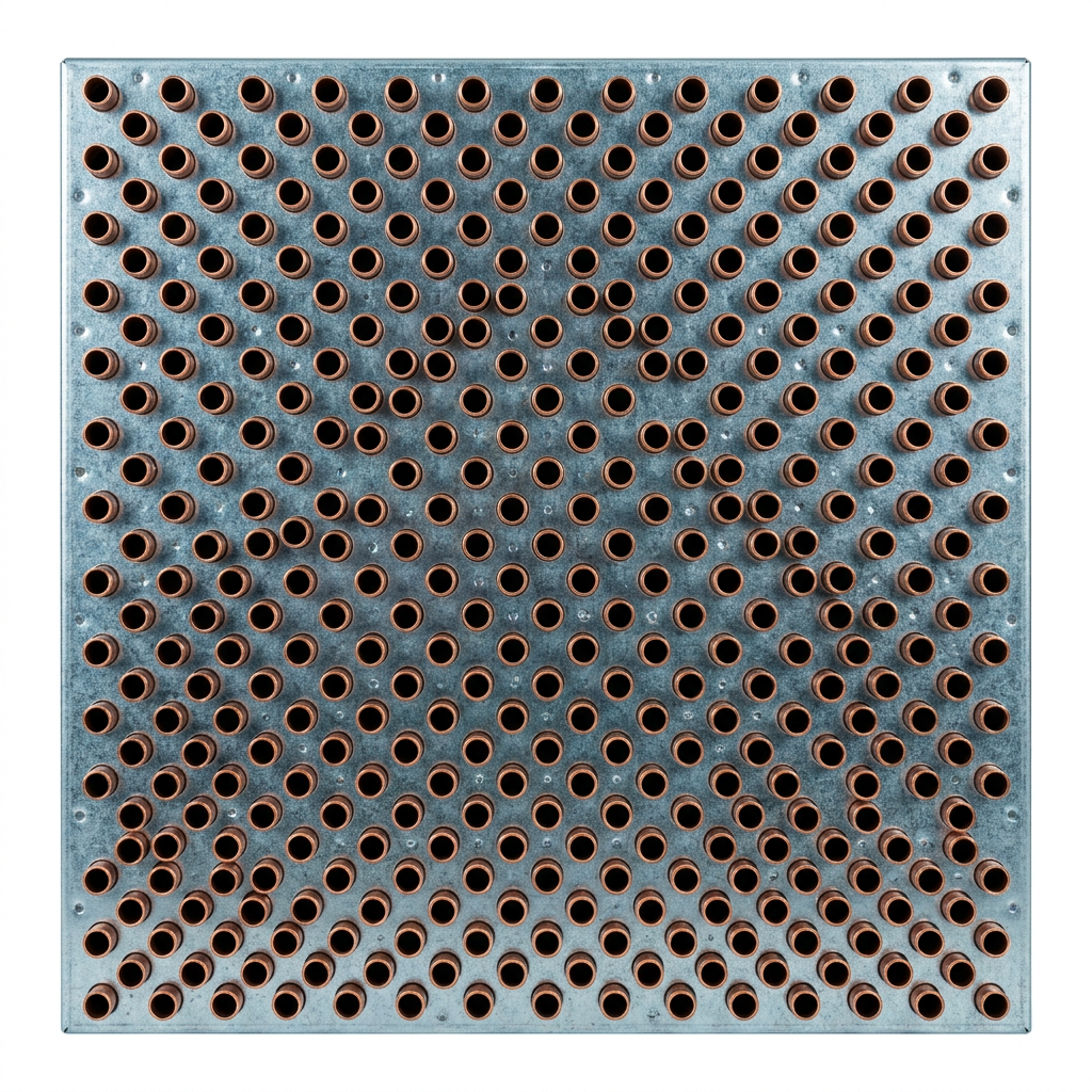 AI Design for Cut-outs need this instead of a ground: isolated on a pure white background, no shadow, no scene, no surface.

The tube-end face of a condenser coil viewed square on, showing the pattern
    of copper tube ends set into the galvanised end plate.