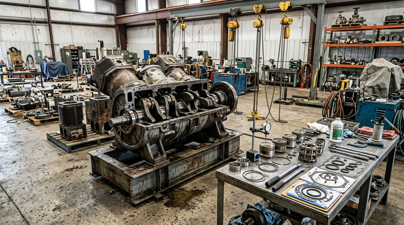 AI Design for Create a highly photorealistic **documentary-style industrial engineering photograph** showing a real compressor overhaul facility during professional maintenance work. Clearly show a large industrial **compressor assembly** with its housing opened for inspection, accurately exposed internal components, crankshaft or rotor assembly, bearings, seals, valves and other serviceable components arranged naturally around the equipment. Include realistic inspection and rebuilding details such as precision measuring instruments, removed components on organized work surfaces, replacement gaskets and seals, torque tools, cleaning equipment and correctly positioned maintenance fixtures. Where appropriate, show separate visual cues for reciprocating, screw or centrifugal compressor technology without combining incompatible components into one machine.
The facility should look like a genuine working industrial workshop with realistic site conditions: concrete or metal flooring, overhead lifting equipment, maintenance stands, oil stains, minor grease marks, dust, used but organized tools, component storage racks, partially disassembled equipment, protective covers and subtle signs of ongoing mechanical maintenance. Keep the workspace professionally managed rather than artificially clean or chaotic.
Show the compressor in a believable **inspection → rebuilding → component replacement → recommissioning** stage, with realistic gauges, alignment tools, test instruments and service connections positioned where technically appropriate. Authentic steel, cast-metal, machined-metal, rubber and gasket textures with natural wear, scratches, discoloration and machining marks. Natural workshop lighting, realistic shadows and reflections, true industrial scale, documentary photography, physically plausible mechanical construction and understated premium composition suitable for a corporate engineering service webpage.
**Strict requirements:** no humans, no workers, no mannequins, no text, no logos, no brand names, no readable labels, no futuristic machinery, no impossible mechanical assemblies, no floating components, no perfectly clean showroom environment, no excessive cinematic effects, no artificial symmetry, no glossy CGI appearance, no 3D-rendered look. Do not show incompatible compressor technologies merged into a single machine.
The final image must look like an **authentic photograph taken inside a professional compressor overhaul and testing workshop**, with technically accurate equipment, realistic maintenance procedures and genuine industrial site conditions.