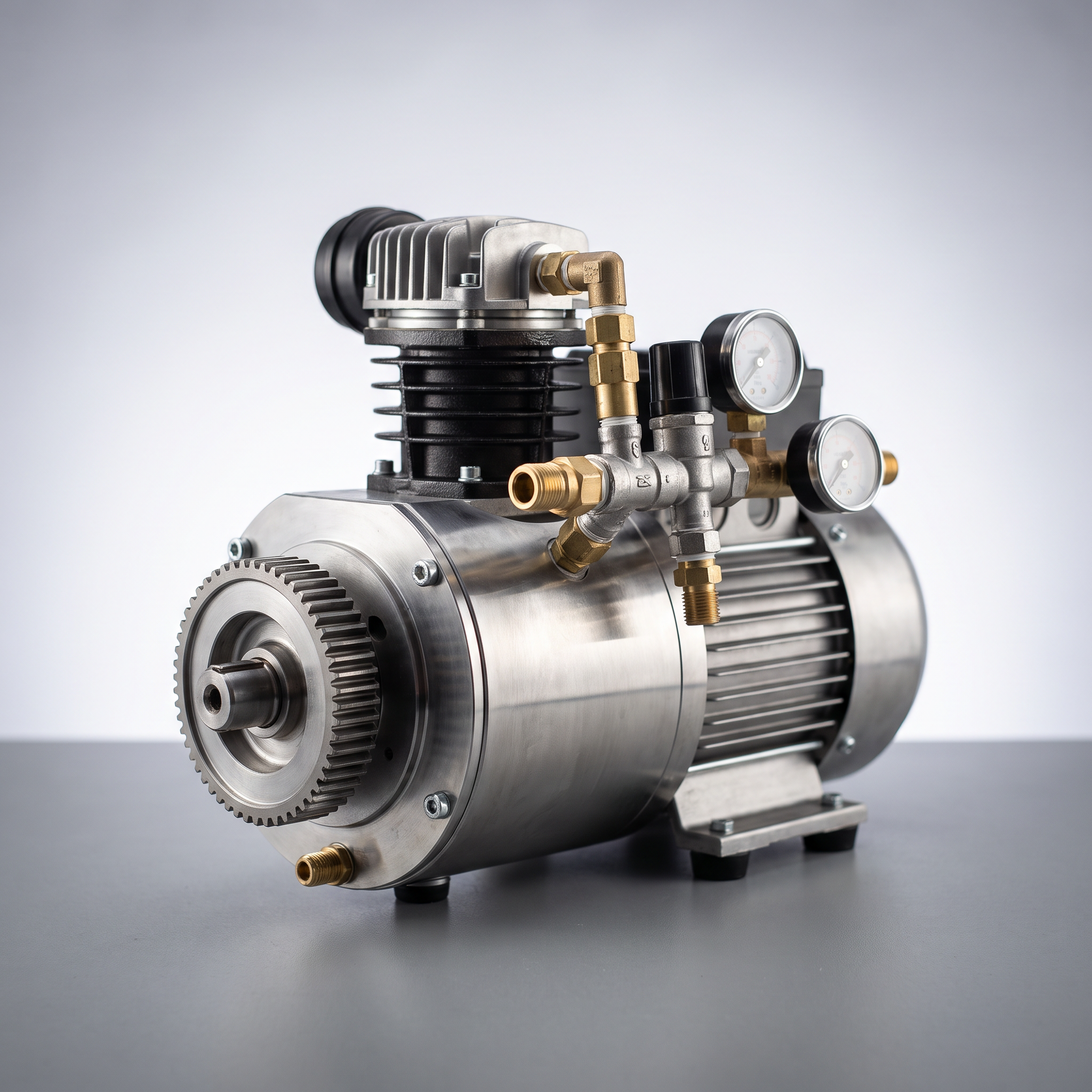 AI Design for Professional studio product photography of {{product:Compressors}}, captured with crisp industrial lighting against a clean, neutral gradient background. Focus on the intricate metallic textures, polished steel surfaces, and precision engineering details, utilizing a shallow depth of field to emphasize the structural complexity and commercial aesthetic.