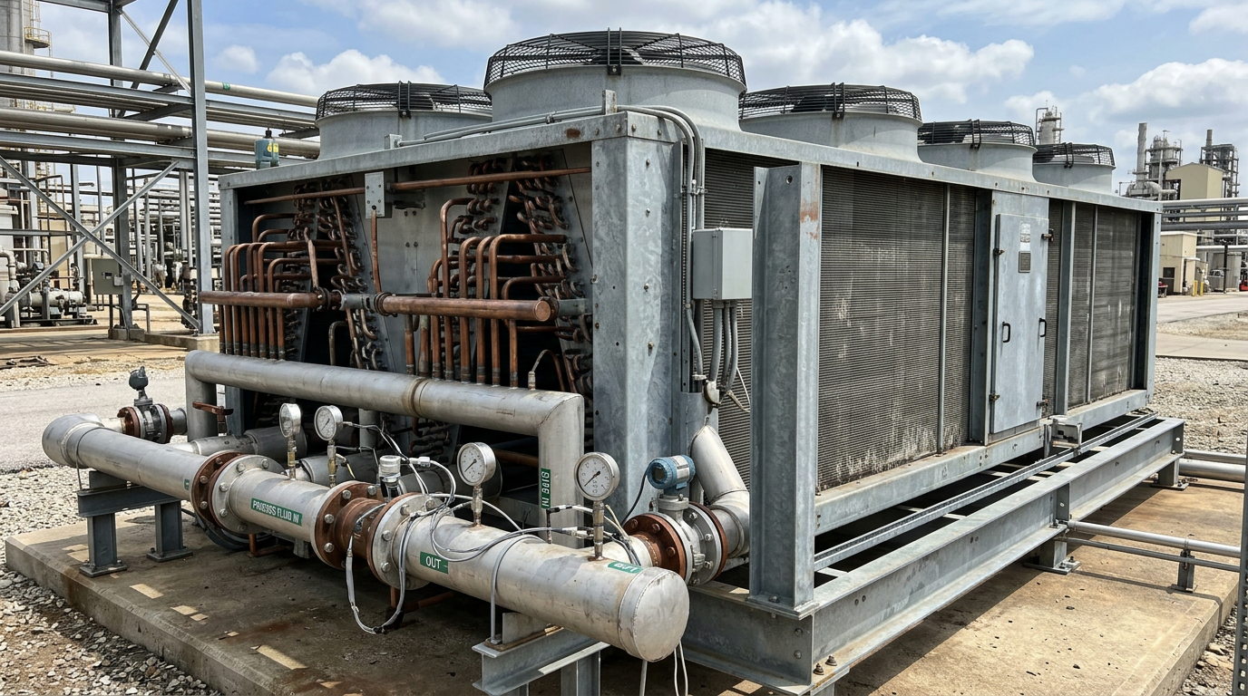 AI Design for Create a photorealistic industrial engineering photograph showing a large **air-cooled condenser / dry cooler** installed at a real industrial facility. Clearly show the complete finned heat-exchanger coil assembly, accurately arranged aluminum fins, copper or steel tube connections, axial fans, fan guards, structural steel frame, headers, valves and connected piping. Include a realistic evaporator or radiator-style heat-exchanger section where appropriate, with visible coil geometry and service access panels. Show a technically accurate performance-verification setup with pressure gauges, temperature sensors and flow instrumentation connected to the equipment, demonstrating inspection and testing rather than a generic product display. Authentic industrial setting, realistic galvanized steel and painted metal surfaces, natural daylight, subtle weathering, genuine joints, fasteners and fabrication details, documentary photography, realistic perspective and scale, premium but understated composition suitable for a corporate service webpage. No humans, no workers, no mannequins, no text, no logos, no futuristic equipment, no excessive steam or dramatic effects, no impossible piping, no CGI/plastic appearance, no artificial symmetry. The image must look like a genuine photograph taken during fabrication, installation or performance verification of professional air-cooled thermal equipment.