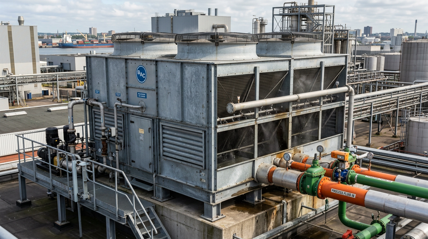 AI Design for Create a photorealistic industrial engineering photograph showing a large **evaporative condenser / closed-circuit cooling tower** installed at a real industrial facility. Clearly show the complete cooling equipment with accurately proportioned casing, axial fan assembly, spray-water distribution system, coil section, drift eliminators, access panels, piping connections and structural supports. Include realistic connected condenser-water and process-water piping, valves, pumps and instrumentation to demonstrate an actual installed and commissioned system. The equipment should appear operational, with subtle natural water spray and airflow effects where technically appropriate. Authentic industrial setting, galvanized steel and painted metal surfaces with realistic wear, joints, fasteners, drainage details and minor environmental imperfections. Natural daylight, documentary industrial photography, realistic perspective and scale, technically accurate engineering configuration, premium but understated composition suitable for a corporate service webpage. No humans, no workers, no mannequins, no text, no logos, no futuristic equipment, no excessive steam or dramatic effects, no impossible piping, no CGI/plastic appearance, no artificial symmetry. The image must look like a genuine photograph taken during installation, commissioning or maintenance of professional evaporative cooling equipment.