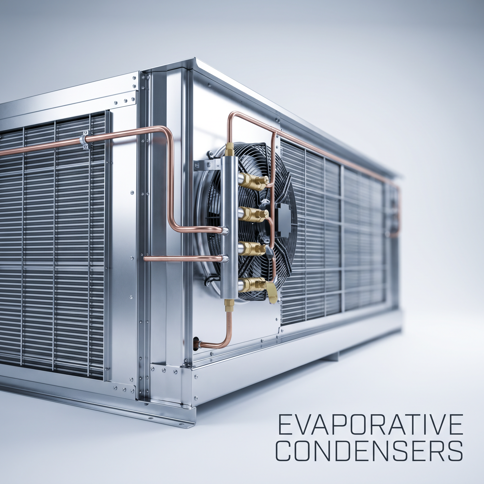 AI Design for Professional studio product photography of a {{product:Evaporative Condensers}}, captured with crisp industrial lighting against a clean, neutral gradient background. Focus on the intricate metallic textures, polished steel surfaces, and precision engineering details, utilizing a shallow depth of field to emphasize the structural complexity. High-resolution, sharp focus, commercial aesthetic suitable for a technical catalog or website hero banner.