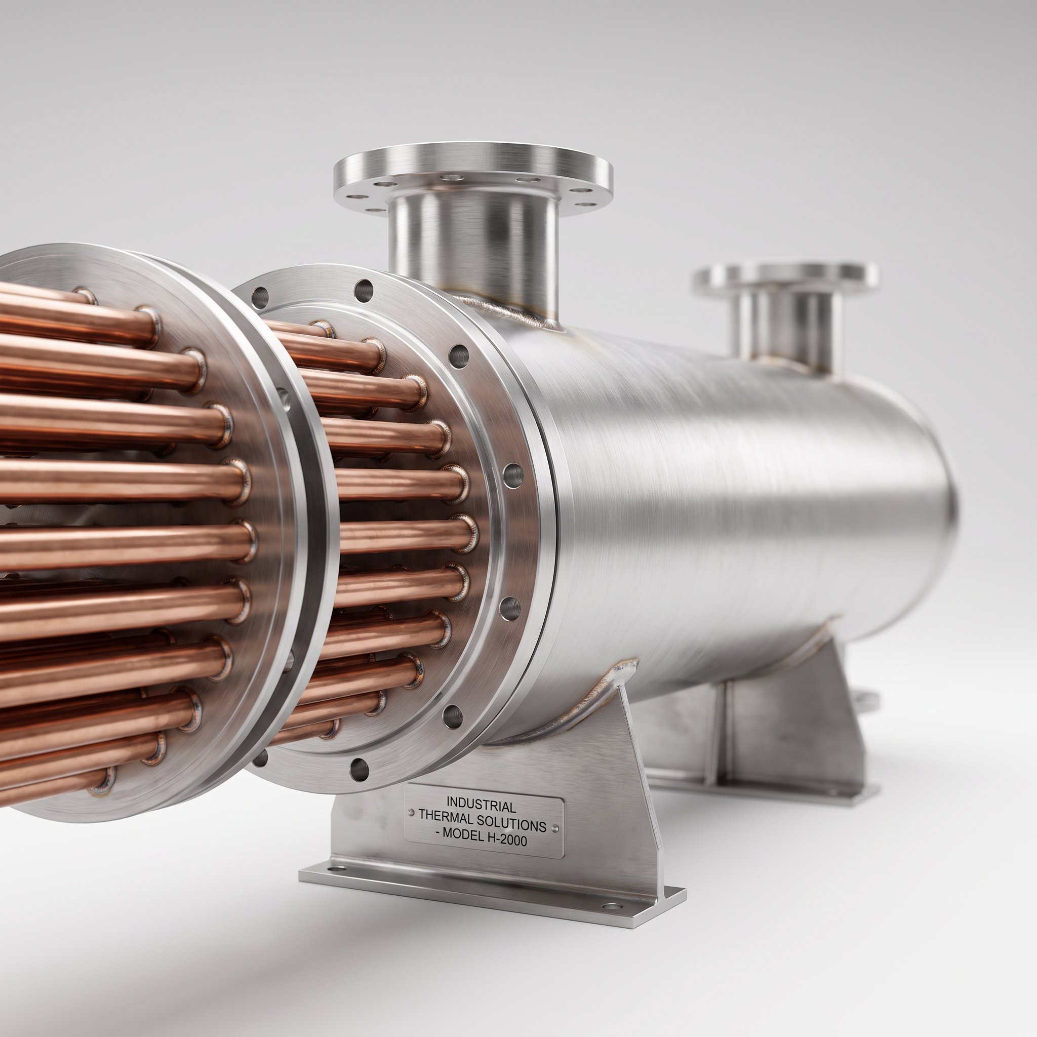AI Design for Professional studio product photography of a {{product:Shell & Tube Heat Exchangers}}, captured with crisp industrial lighting against a clean, neutral gradient background. Focus on the intricate metallic textures, polished steel surfaces, and precision engineering details, utilizing a shallow depth of field to emphasize the structural complexity. High-resolution, sharp focus, commercial aesthetic suitable for a technical catalog or website hero banner.