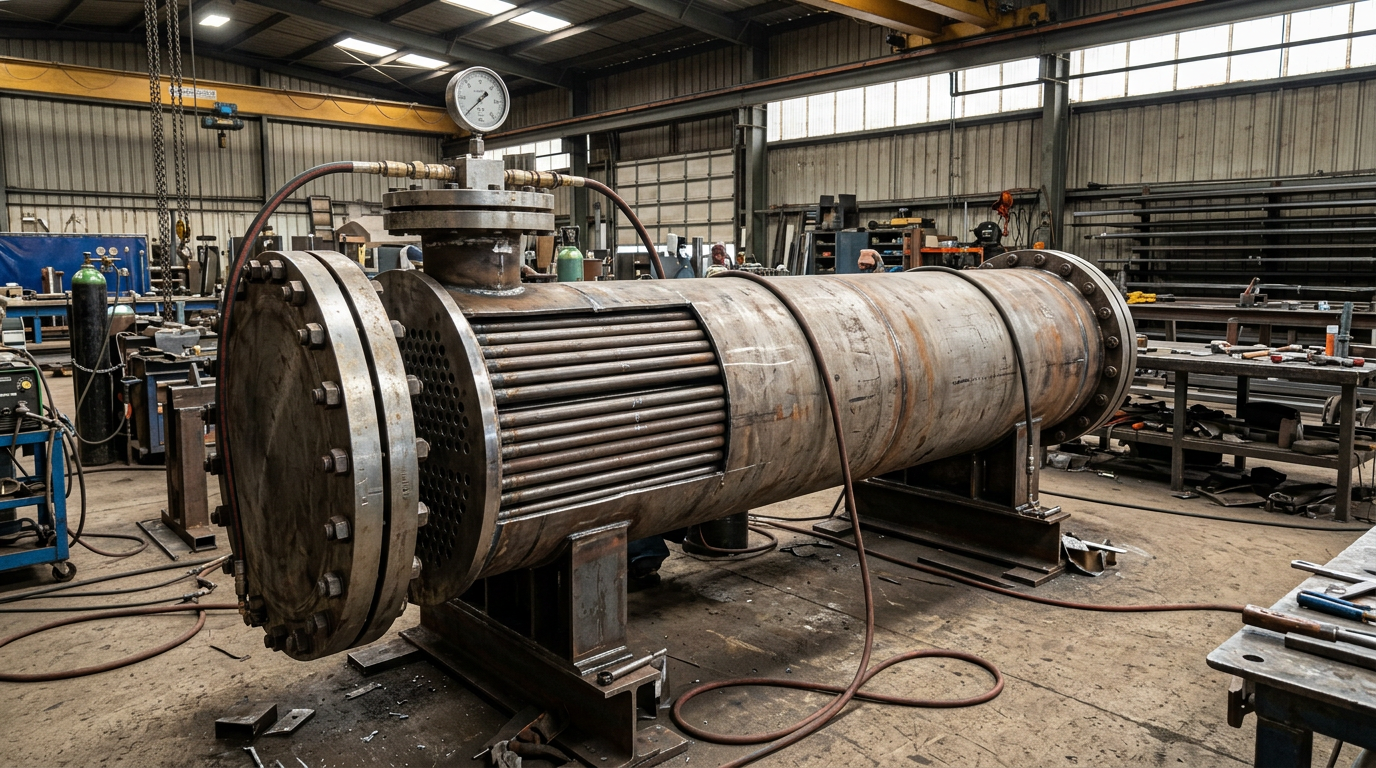 AI Design for Create a photorealistic industrial engineering photograph showing a large horizontal **Shell & Tube Heat Exchanger** during fabrication and inspection inside a real heavy-industrial workshop. Clearly show the cylindrical carbon-steel shell, large flanged end covers, tube-sheet assembly and accurately arranged internal heat-transfer tubes, with realistic welds, bolted flanges, lifting supports and fabrication tooling. Include a partially exposed tube bundle to demonstrate re-tubing/repair work and a realistic hydrostatic pressure-testing setup with test hoses and pressure gauge connected to the exchanger. Natural workshop lighting, authentic metal textures, slight surface imperfections, realistic scale and industrial environment, documentary photography, technically accurate equipment and procedures, neutral composition suitable for a premium engineering website hero/service image. No humans, no workers, no text, no logos, no futuristic elements, no exaggerated cleanliness, no CGI appearance, no artificial symmetry, no fantasy machinery, no visible safety-gear mannequins. The result must look like an actual photograph taken at a professional industrial heat-exchanger fabrication facility.
