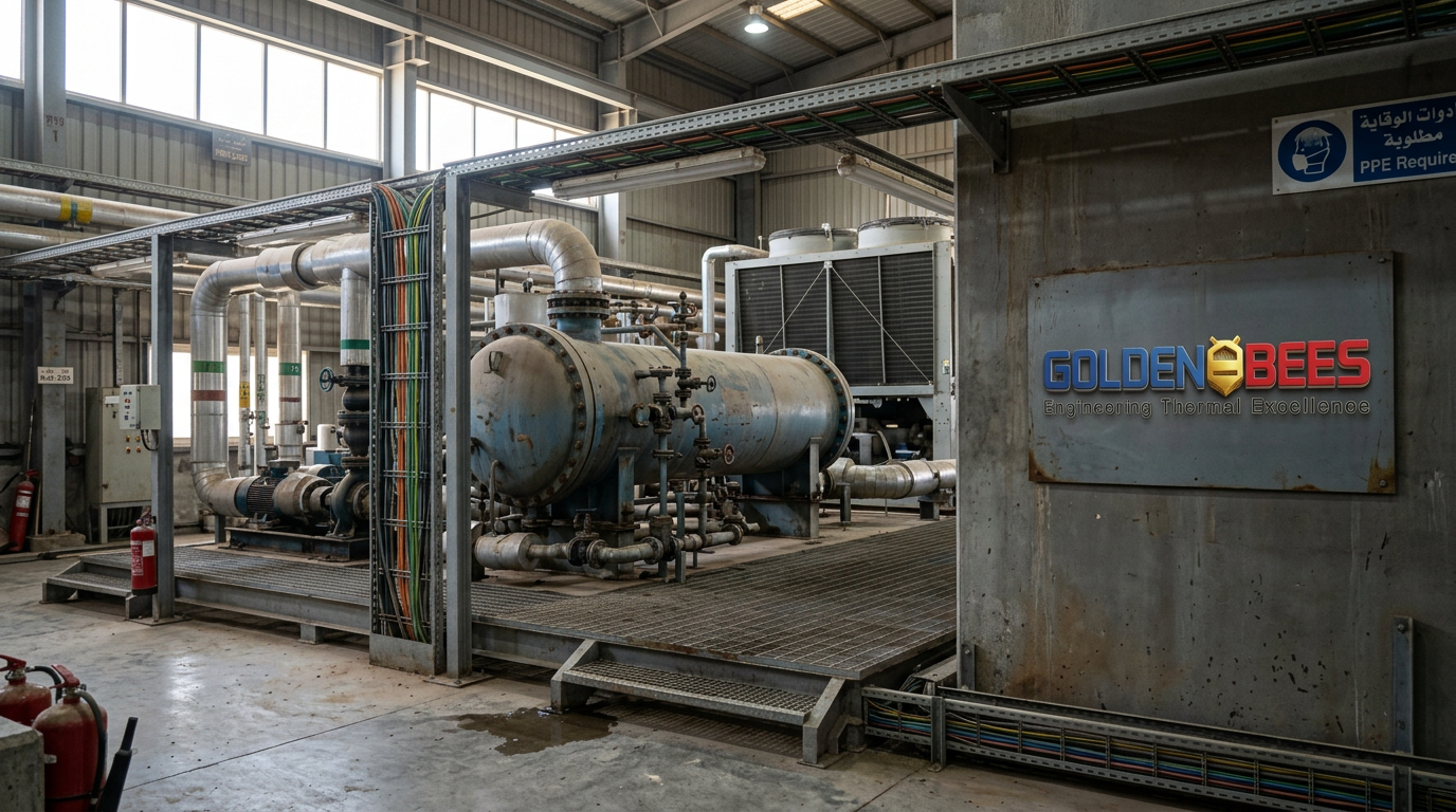 AI Design for Create a **genuine-looking editorial photograph taken inside a real industrial thermal engineering facility in Saudi Arabia**. The photograph is intended as the background of the Services page for Golden Bees.

Show a large industrial mechanical area from a natural photographer's viewpoint, with a substantial shell-and-tube heat exchanger and associated cooling equipment occupying the middle and background of the frame. Surround it with real process piping, valves, pumps, steel platforms, structural columns, cable trays and industrial utility infrastructure. The equipment should look installed and genuinely used, not arranged for a product photograph.

The composition should feel like a photograph captured spontaneously during a normal site visit: slightly imperfect framing, realistic perspective, natural depth, subtle lens characteristics, uneven surface conditions, small scratches, dust, faded paint, minor stains, weathering and ordinary industrial wear. Do not make every component perfectly aligned or visually pristine.

Use **soft natural daylight entering from one side of the facility**, mixed with ordinary industrial ambient lighting. Preserve realistic exposure and shadows. Some areas can naturally fall slightly darker. Include subtle atmospheric dust and realistic light falloff, but keep the air clear enough to see the equipment.

The environment should resemble an actual operating Saudi industrial plant: concrete floors, galvanized steel, painted machinery, pipe supports, access platforms, service areas and practical infrastructure. Avoid making the location look like a futuristic factory or architectural visualization.

Place the **attached Golden Bees logo** naturally on an appropriate piece of existing industrial equipment or a small facility identification panel, using the supplied logo exactly as provided. It should look physically printed, painted or professionally applied to the surface—not digitally floating over the photograph.

Leave a **relatively calm, darker area of negative space on one side of the frame** for the website's Services heading and navigation overlay. Do not place important machinery directly in this area.

The final result must be indistinguishable from a **real photograph taken with a professional full-frame camera at an actual industrial facility**. Prioritize believable photography over visual perfection.

**ABSOLUTELY AVOID:** CGI appearance, 3D rendering, architectural visualization, game-engine graphics, excessive sharpness, HDR look, perfect symmetry, perfectly clean machinery, dramatic blue/orange lighting, artificial fog, excessive steam, glowing lights, futuristic equipment, impossible pipe connections, duplicated machinery, repeated patterns, floating objects, warped geometry, plastic-looking metal, excessive depth-of-field blur, oversaturated colors, illustration, concept art, stock-photo posing, and any AI-generated aesthetic.