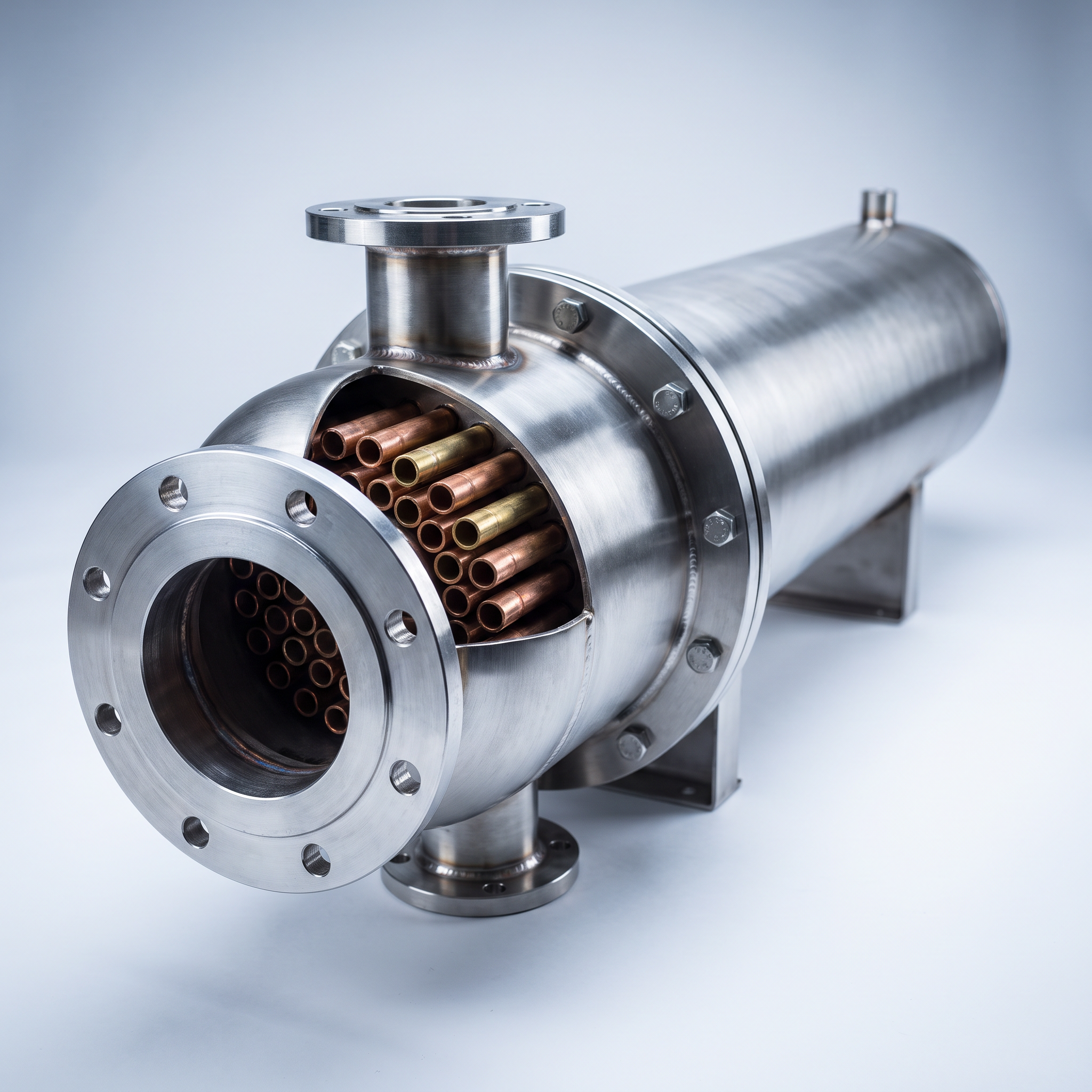 AI Design for Professional studio product photography of a {{product:Shell & Tube Heat Exchangers}}, captured with crisp industrial lighting against a clean, neutral gradient background. Focus on the intricate metallic textures, polished steel surfaces, and precision engineering details, utilizing a shallow depth of field to emphasize the structural complexity. High-resolution, sharp focus, commercial aesthetic suitable for a technical catalog or website hero banner.