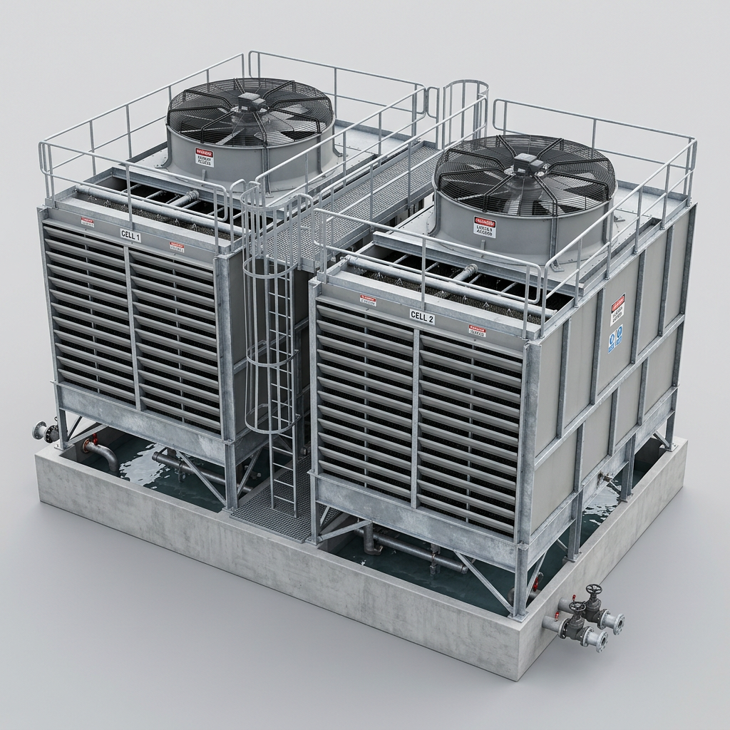 AI Design for A two-cell CROSSFLOW cooling tower assembly on a plain light-grey seamless
studio ground, viewed from a slightly raised three-quarter angle. Two matching
cells side by side sharing a common basin, each with its own roof fan cowl and
louvred side inlets, with a walkway and handrail running between the two roof
decks.