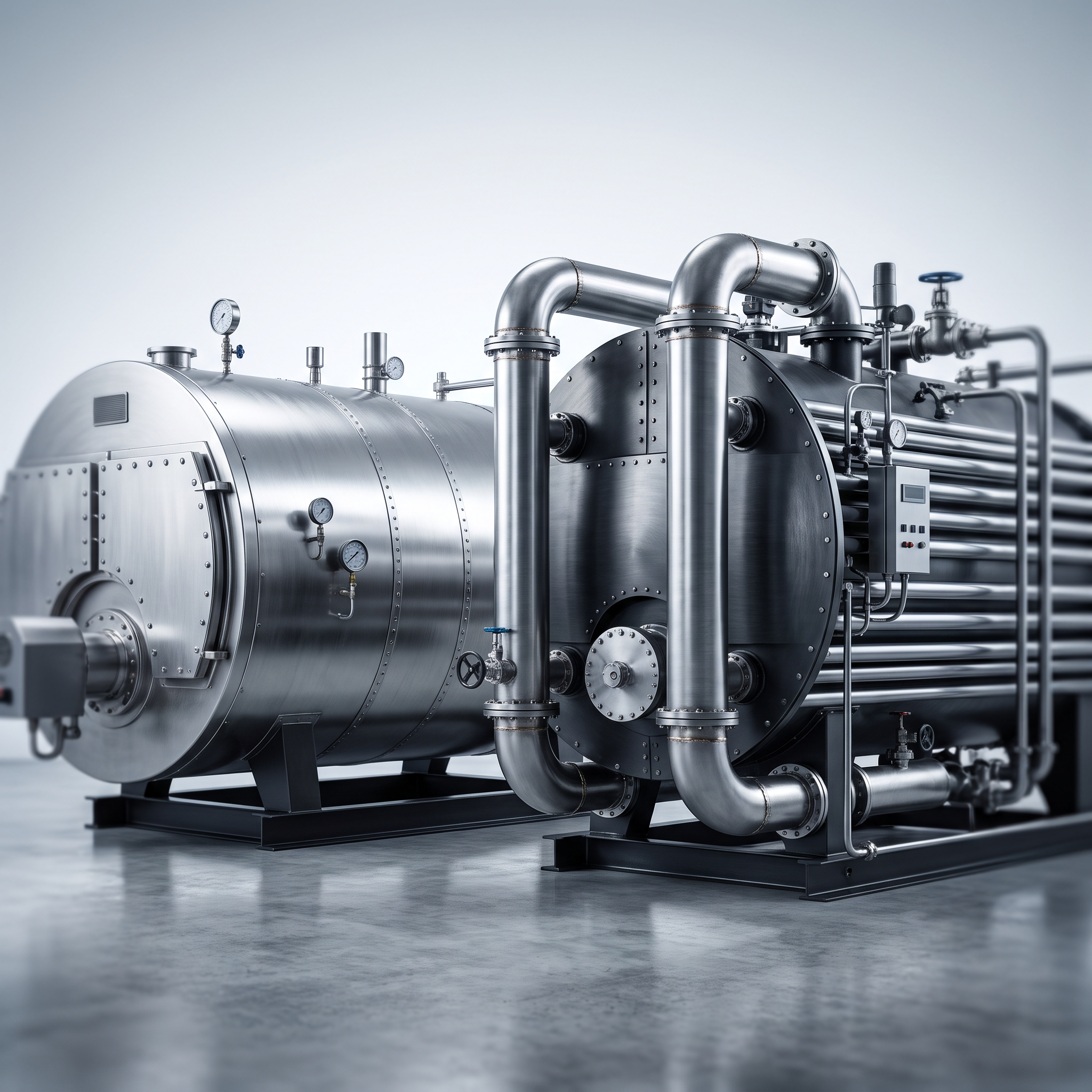 AI Design for Professional studio product photography of {{product:Boilers
Fire-tube and water-tube boilers for steam generation, process heating and hot water supply. Designed for reliability and long service life.
Carbon Steel
Stainless Steel
Alloy Steel}}, captured with crisp industrial lighting against a clean, neutral gradient background. Focus on the intricate metallic textures, polished steel surfaces, and precision engineering details, utilizing a shallow depth of field to emphasize the structural complexity and commercial aesthetic.