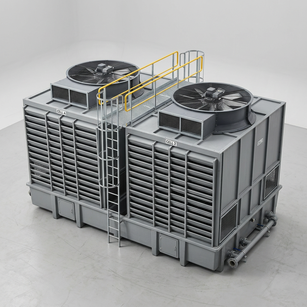 AI Design for A two-cell CROSSFLOW cooling tower assembly on a plain light-grey seamless
studio ground, viewed from a slightly raised three-quarter angle. Two matching
cells side by side sharing a common basin, each with its own roof fan cowl and
louvred side inlets, with a walkway and handrail running between the two roof
decks.