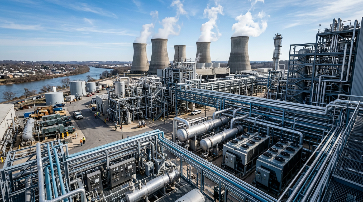 AI Design for A wide-angle, cinematic establishing shot of a massive modern industrial plant showcasing an intricate network of interconnected thermal systems. The scene features towering industrial cooling towers releasing gentle steam, precision-engineered chillers, large-scale heat exchangers, polished process piping, and advanced instrumentation under a crisp daylight sky. Captured with sharp architectural clarity, emphasizing metallic textures, complex mechanical depth, cool industrial blues, and warm metallic accents.
