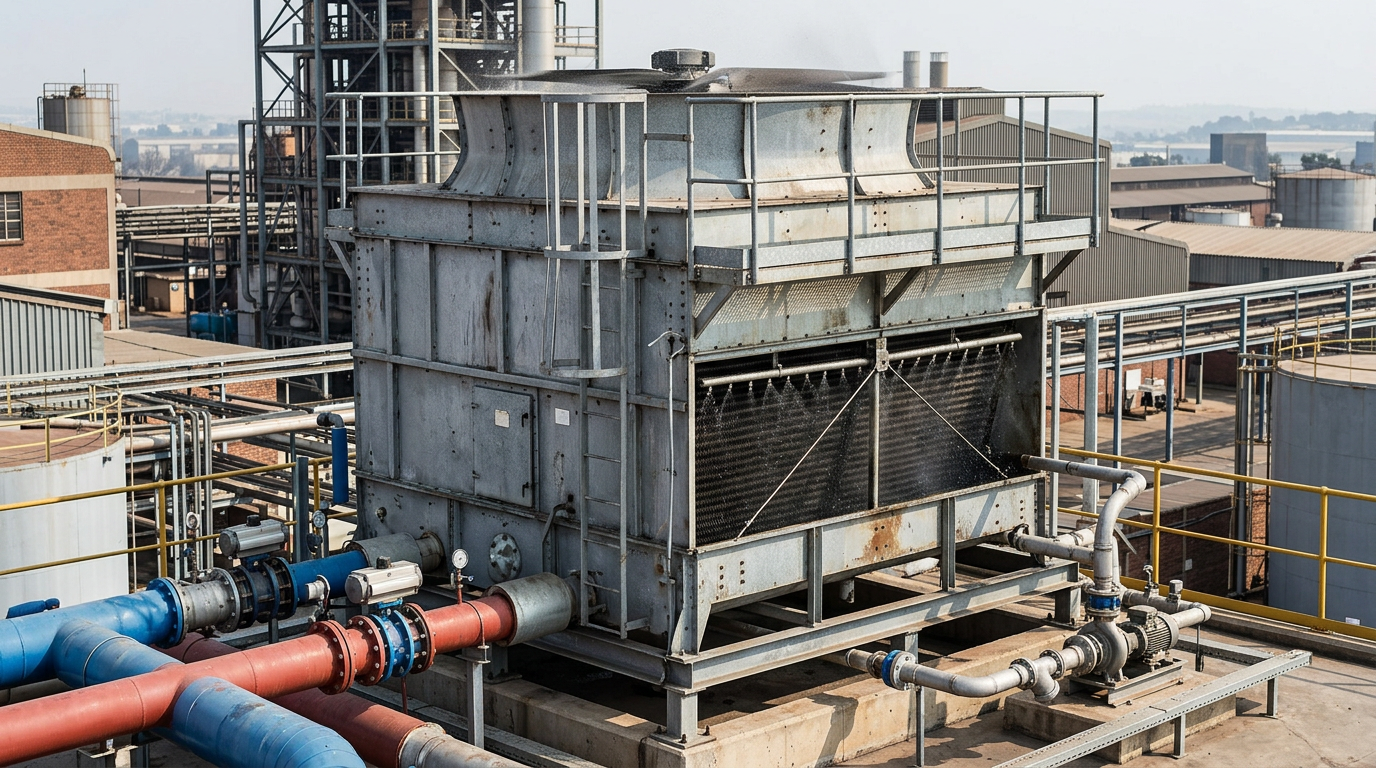 AI Design for Create a photorealistic industrial engineering photograph showing a large **evaporative condenser / closed-circuit cooling tower** installed at a real industrial facility. Clearly show the complete cooling equipment with accurately proportioned casing, axial fan assembly, spray-water distribution system, coil section, drift eliminators, access panels, piping connections and structural supports. Include realistic connected condenser-water and process-water piping, valves, pumps and instrumentation to demonstrate an actual installed and commissioned system. The equipment should appear operational, with subtle natural water spray and airflow effects where technically appropriate. Authentic industrial setting, galvanized steel and painted metal surfaces with realistic wear, joints, fasteners, drainage details and minor environmental imperfections. Natural daylight, documentary industrial photography, realistic perspective and scale, technically accurate engineering configuration, premium but understated composition suitable for a corporate service webpage. No humans, no workers, no mannequins, no text, no logos, no futuristic equipment, no excessive steam or dramatic effects, no impossible piping, no CGI/plastic appearance, no artificial symmetry. The image must look like a genuine photograph taken during installation, commissioning or maintenance of professional evaporative cooling equipment.