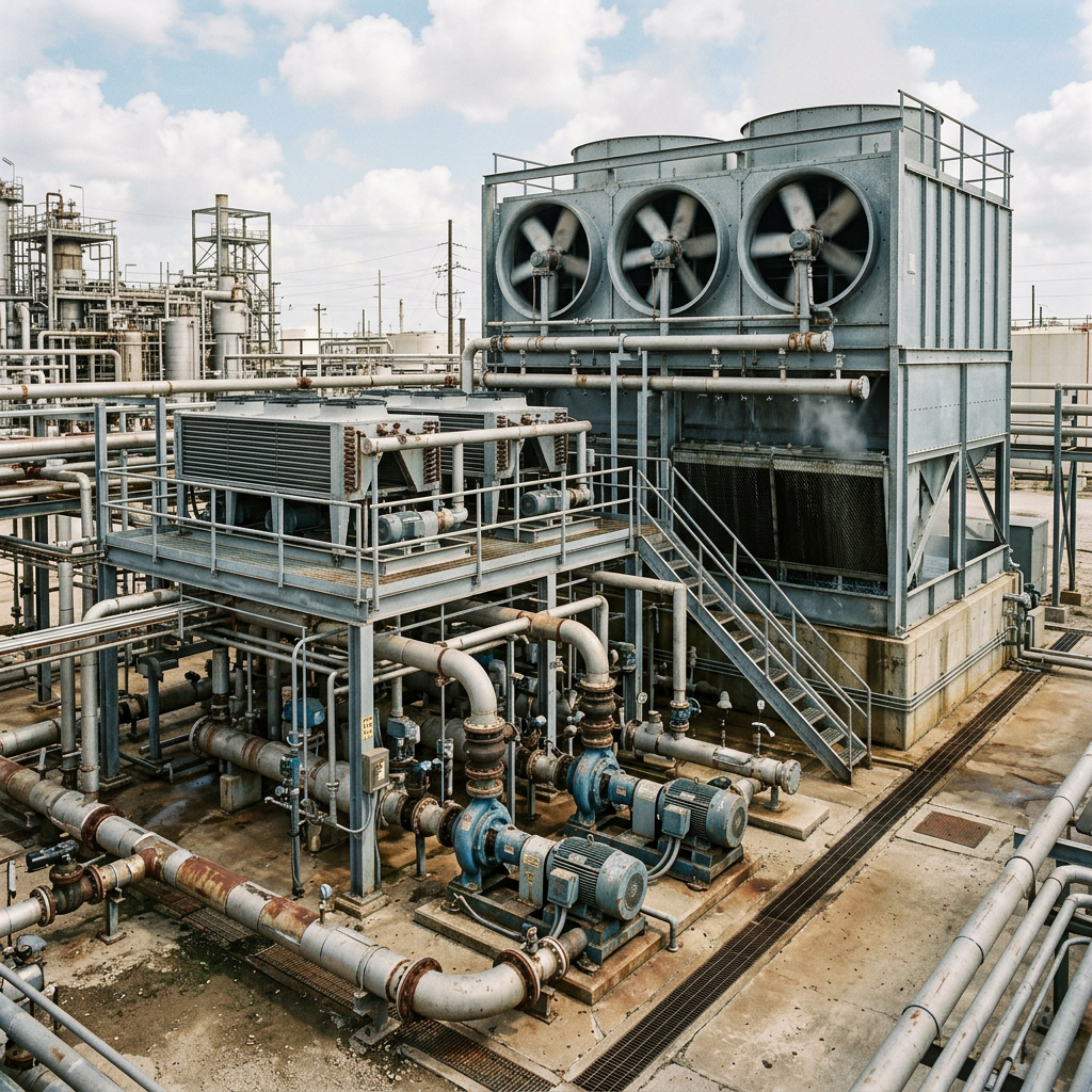 AI Design for Create a highly photorealistic documentary-style photograph showing a large industrial cooling installation combining an evaporative cooling tower, closed-circuit cooling equipment, air-cooled condenser or dry cooler, pumps, heat exchangers and interconnected process piping. Show accurately engineered fans, coils, spray sections, headers, valves, instrumentation and structural supports. The equipment should be installed at a real industrial plant with surrounding pipe racks, concrete structures, electrical infrastructure and service access areas. Include realistic environmental conditions such as dust, subtle weathering, minor corrosion, surface marks and normal industrial wear. Natural daylight, realistic perspective and scale, authentic metal textures, understated professional composition. No humans, no text, no logos, no futuristic machinery, no impossible equipment combinations, no CGI, no 3D-rendered appearance. The image must look like genuine industrial photography documenting a real cooling system installation.
