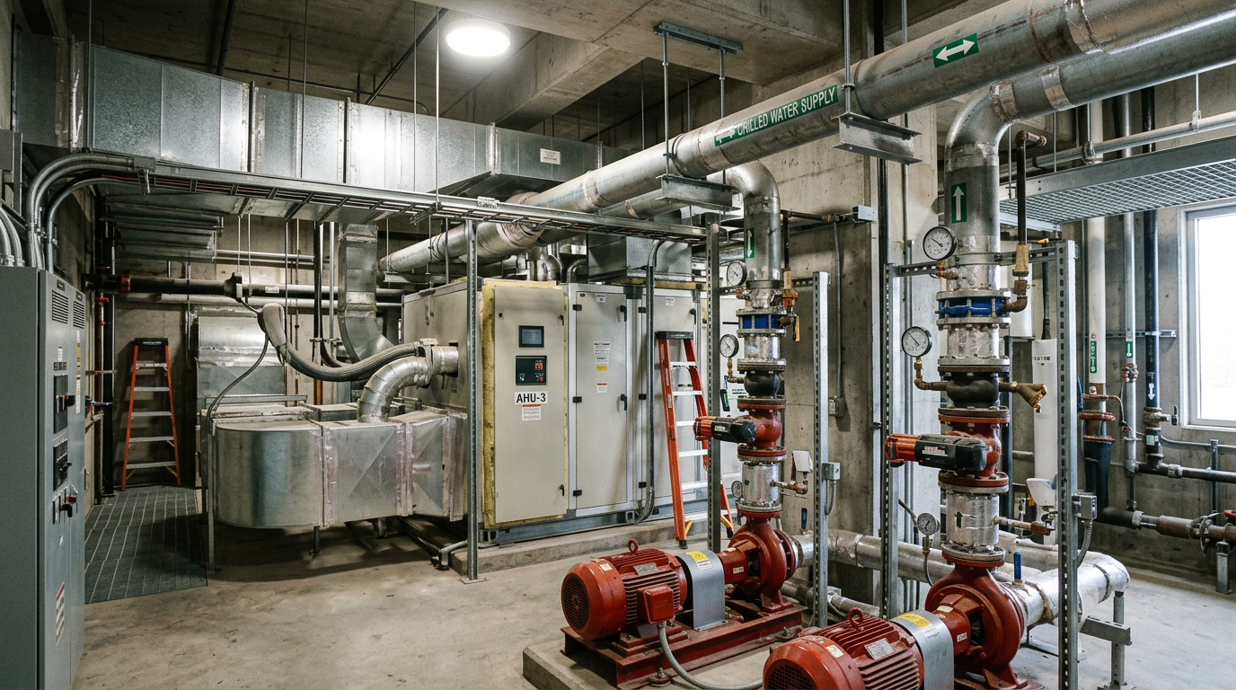 AI Design for Create a photorealistic industrial engineering photograph showing a professionally installed **HVAC & MEP system** inside a real commercial or industrial facility. Clearly show a large air handling unit, chilled-water piping, supply and return ducts, valves, pumps, cable trays, electrical conduits, drainage lines and realistic mechanical supports arranged in a technically correct installation. Include commissioning and handover indicators such as pressure gauges, thermometers, control panels and properly connected instrumentation, with the system appearing fully installed and operational. Realistic galvanized ductwork, copper and steel piping, insulation, bolted joints, hangers, brackets and minor installation imperfections. Natural ambient lighting, authentic industrial/commercial environment, documentary engineering photography, realistic scale and perspective, highly detailed but understated composition suitable for a premium corporate service webpage. No humans, no workers, no mannequins, no text, no logos, no diagrams, no futuristic equipment, no exaggerated lighting, no impossible pipe or duct routing, no excessive cleanliness, no CGI or 3D-rendered appearance. The final image must look like a genuine photograph taken during professional HVAC & MEP installation, commissioning and final inspection.