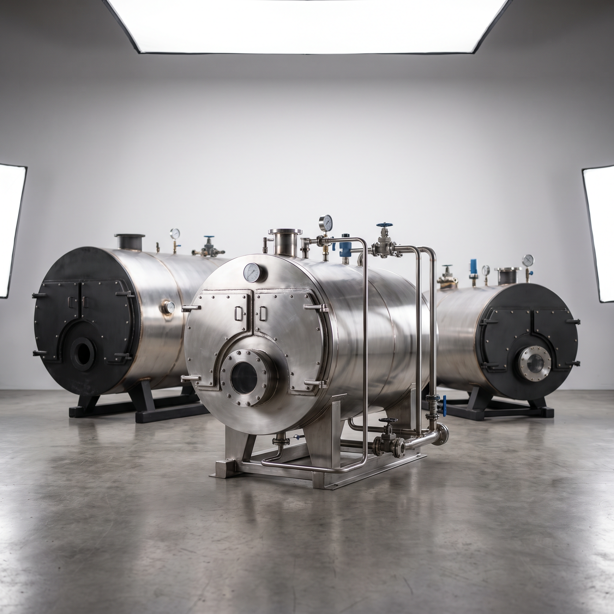AI Design for Professional studio product photography of {{product:Boilers
Fire-tube and water-tube boilers for steam generation, process heating and hot water supply. Designed for reliability and long service life.
Carbon Steel
Stainless Steel
Alloy Steel}}, captured with crisp industrial lighting against a clean, neutral gradient background. Focus on the intricate metallic textures, polished steel surfaces, and precision engineering details, utilizing a shallow depth of field to emphasize the structural complexity and commercial aesthetic.