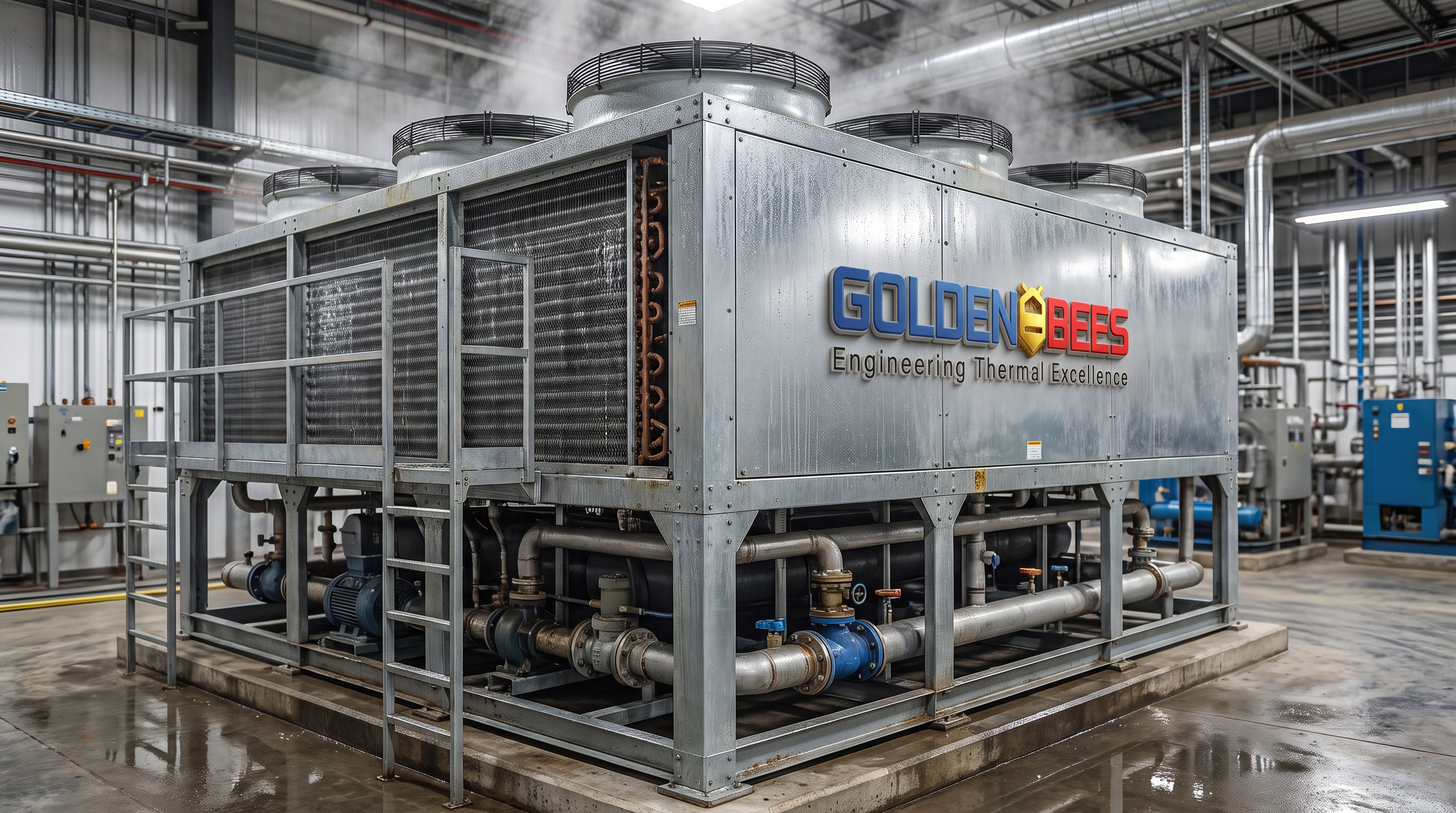 AI Design for Create a premium **photorealistic industrial photograph** for a corporate website service tile representing **Evaporative Condensers**.

Show a large-scale evaporative condenser / closed-circuit cooling system operating in a real industrial refrigeration or process facility. Feature authentic industrial construction, galvanized or coated metal panels, condenser coils, axial fans, water distribution components, connected piping, valves, platforms and structural supports. The equipment should look engineered, installed and genuinely operational.

**Use the attached Golden Bees / GBGCC logo for branding.** Integrate the attached logo naturally and accurately on the equipment housing, facility signage, or another realistic industrial surface. Preserve the exact logo design, proportions and colors. Do not redesign, distort, duplicate excessively, or invent another logo.

People should be **absent or extremely minimal**. If included, show only one distant, small-scale technician from behind or partially obscured, with no identifiable face or personality. The equipment must remain the dominant subject.

Composition: cinematic 3/4 industrial perspective, strong sense of scale, realistic depth, clean composition, subtle atmospheric moisture, and enough negative space for website text overlay.

Lighting should resemble an authentic professional industrial photograph — natural or realistic facility lighting, physically accurate reflections, subtle water droplets and moisture, realistic metal textures, controlled contrast and natural imperfections.

Avoid obvious CGI, futuristic machinery, exaggerated steam, excessive water spray, glowing effects, dramatic fantasy lighting, floating components, perfect sterile surfaces, identifiable people, generic stock-photo aesthetics, or AI-generated visual artifacts.

**Ultra-photorealistic, technically authentic, documentary-style industrial photography, premium engineering company aesthetic, real-camera appearance, physically accurate equipment, natural textures and imperfections.**