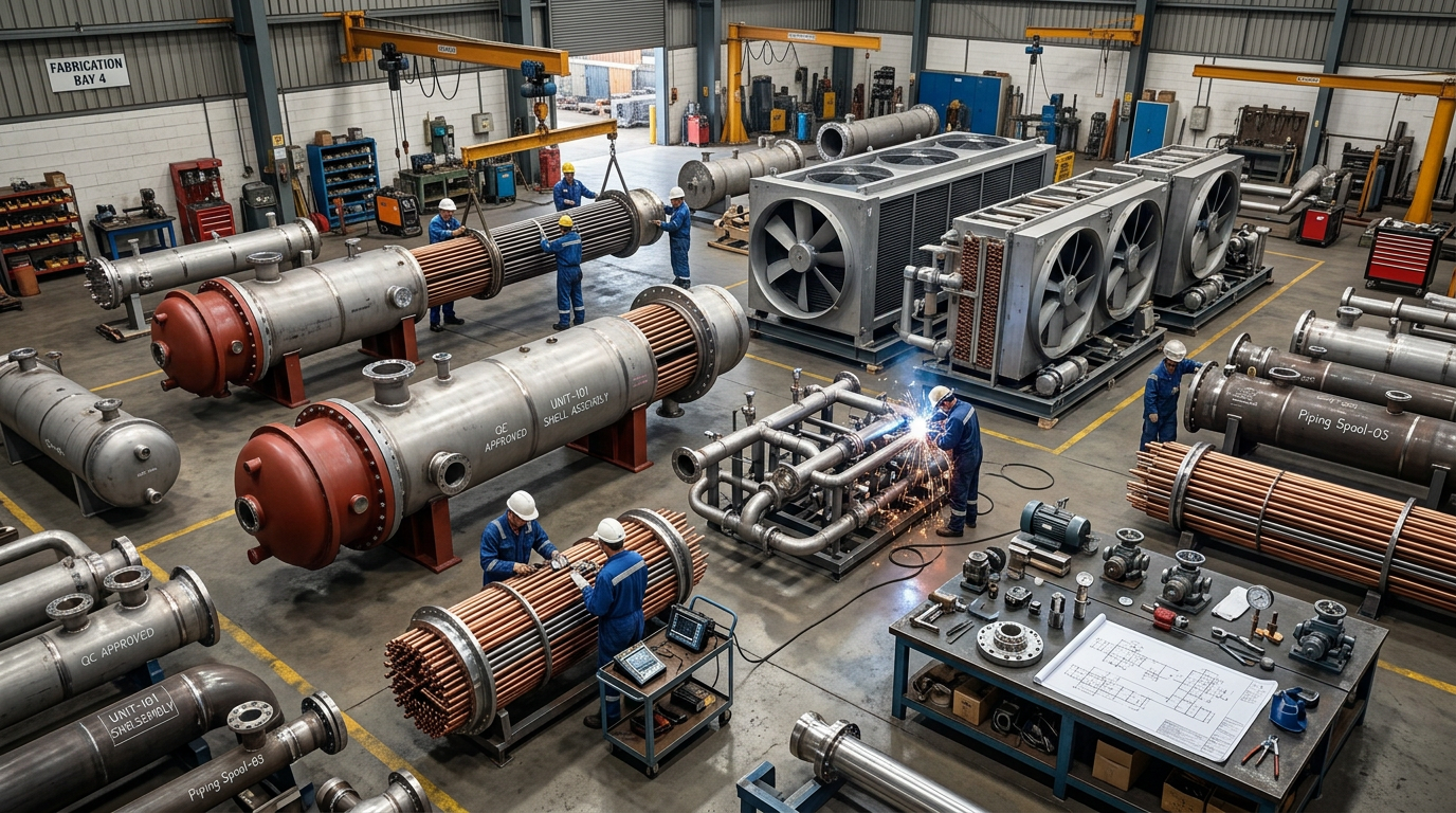 AI Design for Show a genuine heavy-industrial fabrication workshop containing large shell-and-tube heat exchangers, industrial cooling equipment, fabricated piping, tube bundles and mechanical components at different stages of fabrication, inspection and preparation.