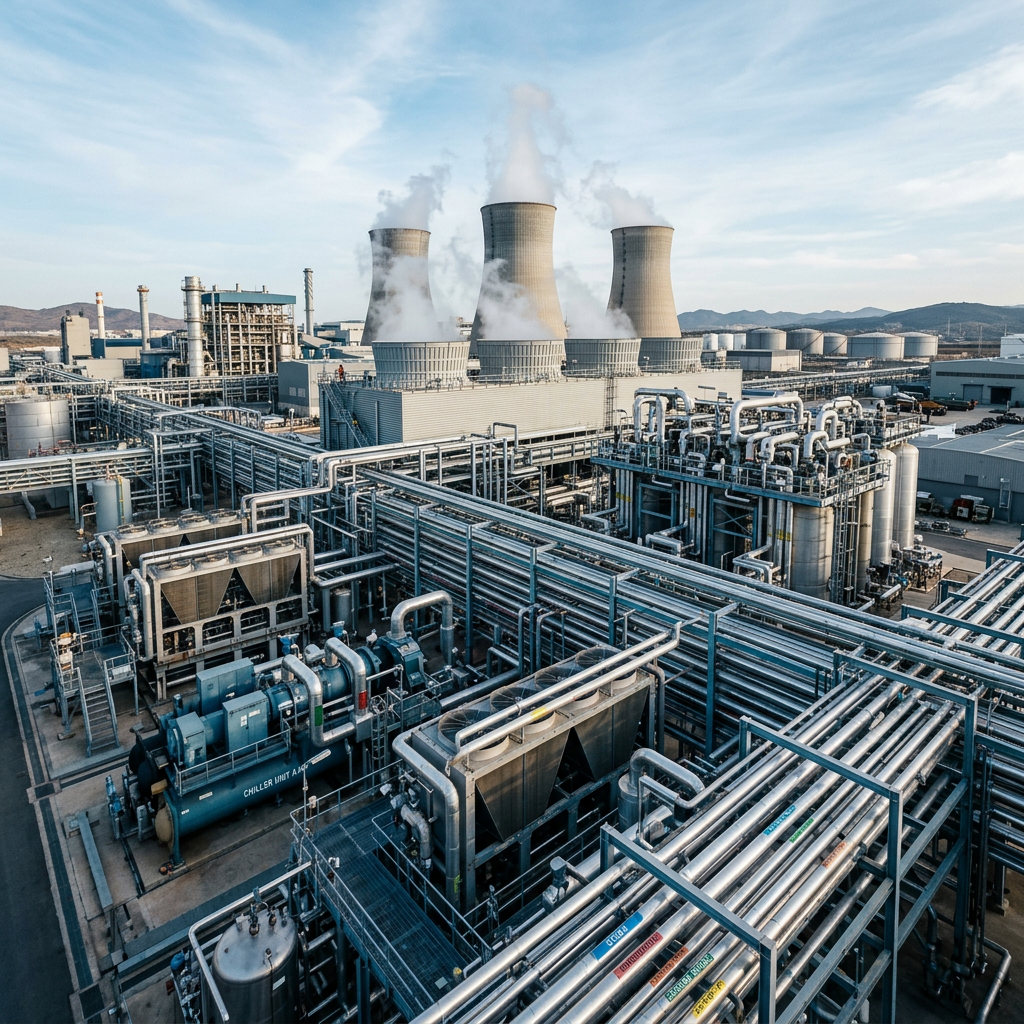 AI Design for A wide-angle, cinematic establishing shot of a massive modern industrial plant showcasing an intricate network of interconnected thermal systems. The scene features towering industrial cooling towers releasing gentle steam, precision-engineered chillers, large-scale heat exchangers, polished process piping, and advanced instrumentation under a crisp daylight sky. Captured with sharp architectural clarity, emphasizing metallic textures, complex mechanical depth, cool industrial blues, and warm metallic accents.