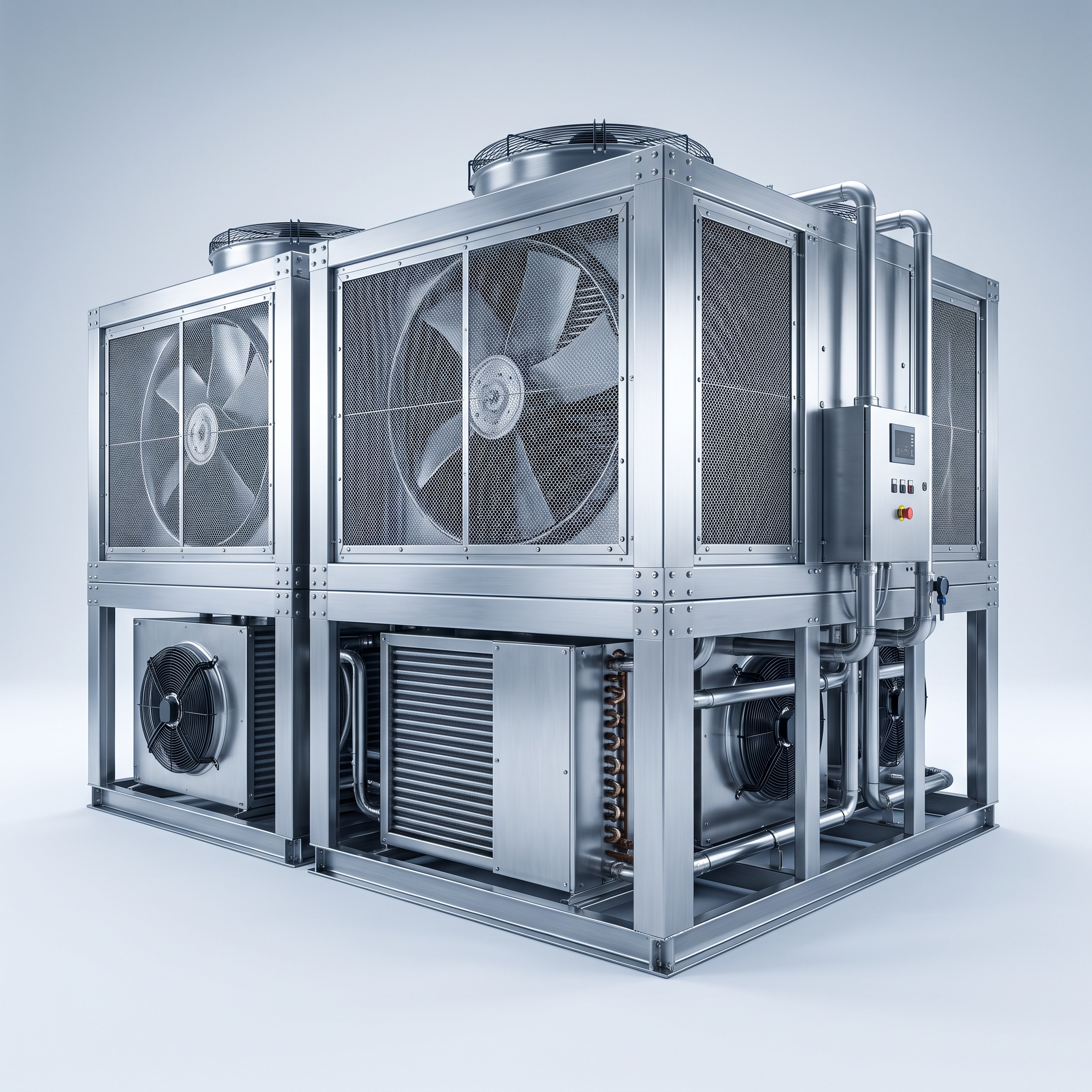 AI Design for Professional studio product photography of a {{product:Closed-Circuit Cooling Towers}}, captured with crisp industrial lighting against a clean, neutral gradient background. Focus on the intricate metallic textures, polished steel surfaces, and precision engineering details, utilizing a shallow depth of field to emphasize the structural complexity. High-resolution, sharp focus, commercial aesthetic suitable for a technical catalog or website hero banner.