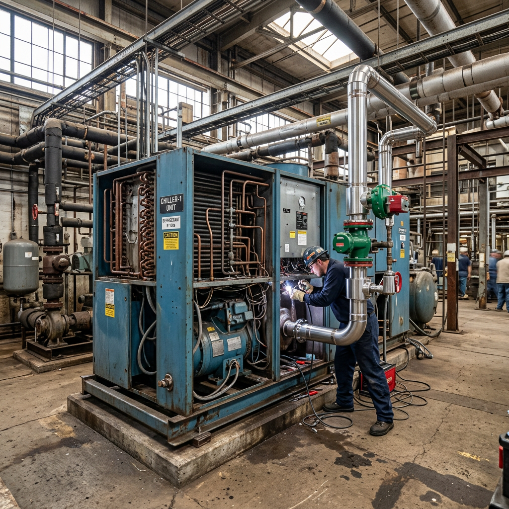 AI Design for An authentic documentary-style industrial engineering photograph capturing a large thermal system installation inside an operating mechanical facility, featuring a massive industrial chiller with service panels open to reveal exposed components, newly integrated upgrade piping, and modern valves contrasting naturally with older equipment. The background showcases a genuine working plant environment with concrete flooring, overhead pipe racks, cable trays, and subtle industrial wear. Natural ambient lighting streams through the facility, highlighting tactile textures of weathered painted metal, insulated copper piping, and steel supports with an understated, professional corporate composition.