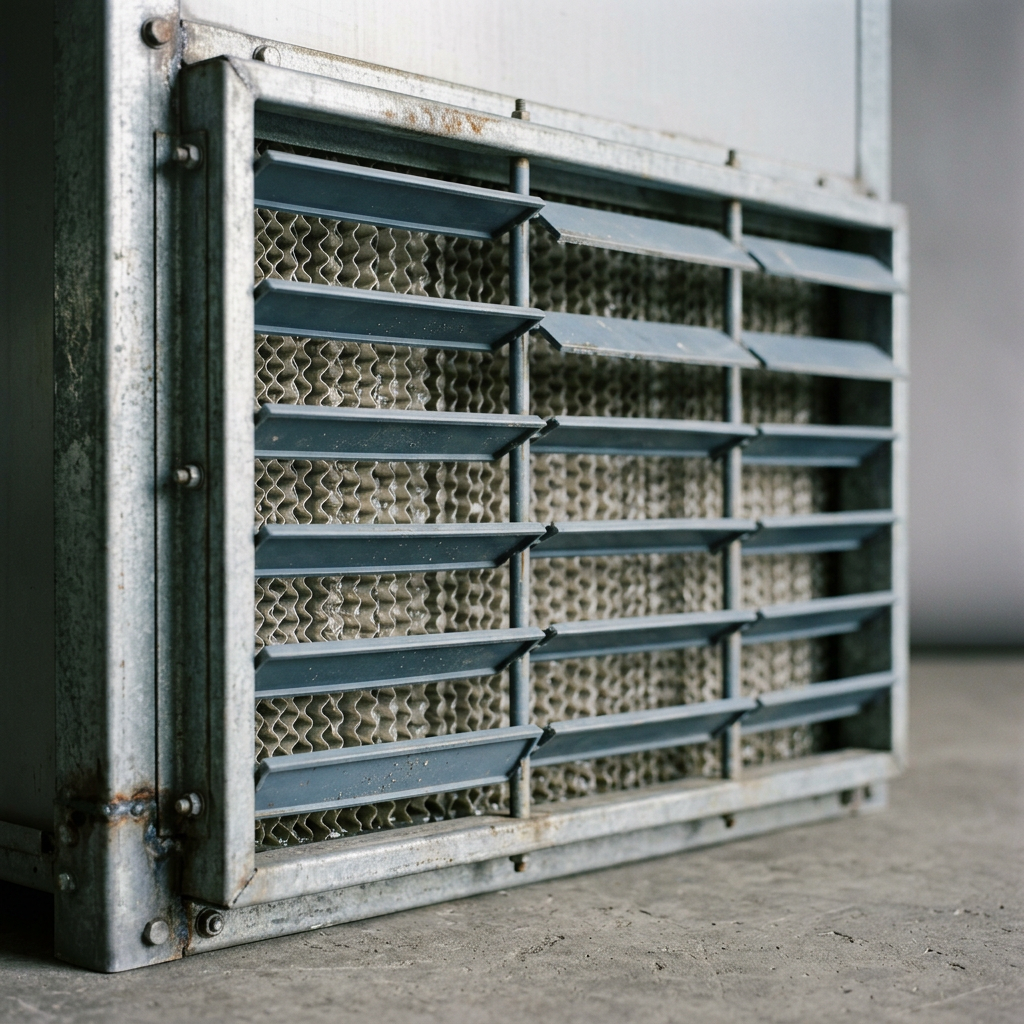 AI Design for Close three-quarter view of the air-inlet face of a crossflow cooling tower
on a plain grey studio ground, showing the angled PVC inlet louvre blades and,
visible through the gaps behind them, the vertical PVC fill pack. Shallow depth
of field, galvanised steel frame edge in shot.