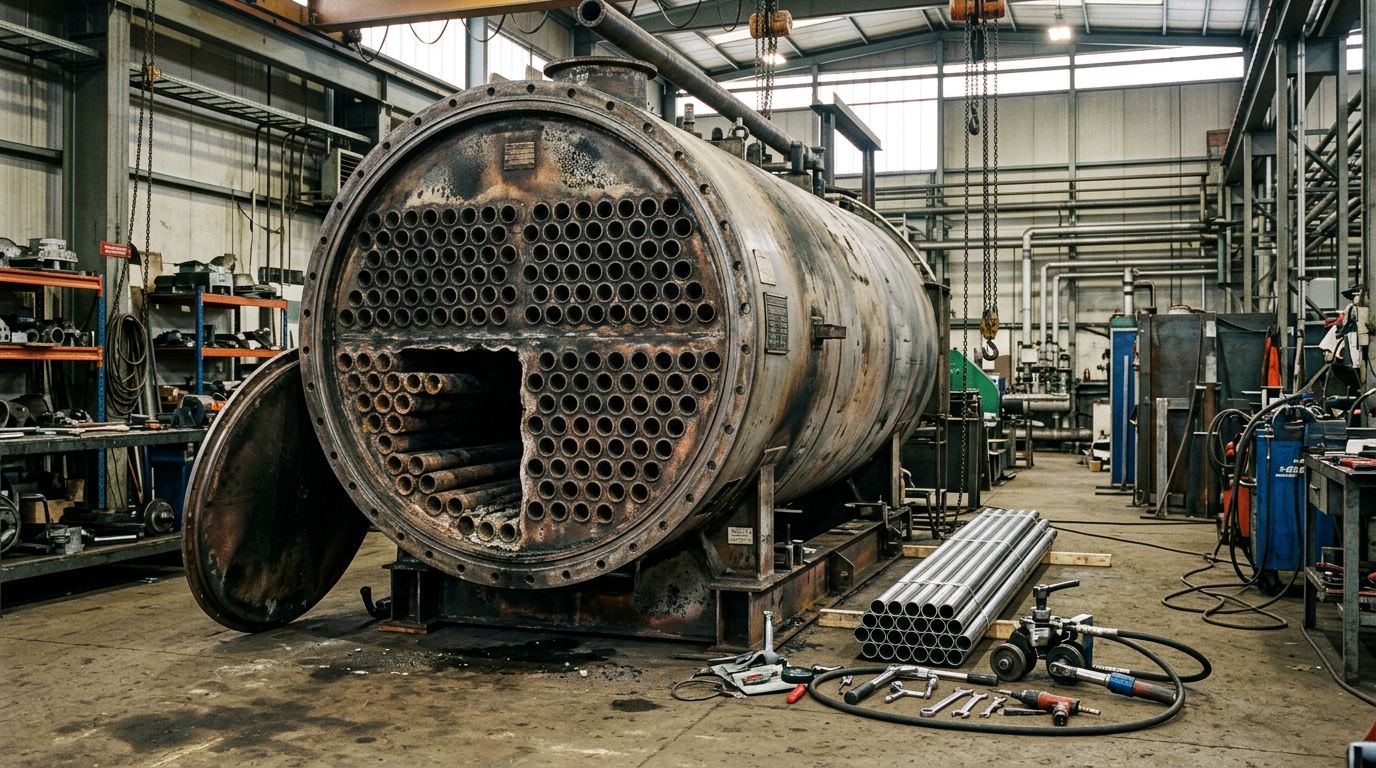 AI Design for An authentic documentary-style industrial engineering photograph capturing a large industrial fire-tube boiler during active tube replacement and inspection inside a working maintenance facility. The massive boiler is opened at the front, exposing the precise tube sheet and internal fire-tube configuration with a section of tubes removed. Pristine replacement tubes rest neatly beside the unit alongside technically accurate maintenance fixtures, tube-expanding equipment, and weld-testing instruments. The industrial environment features weathered concrete flooring, overhead rigging, organized tooling, subtle soot and dust deposits, and realistic heat discoloration on the heavy steel surfaces. Natural overhead lighting illuminates the authentic textures, scratches, and manufacturing marks without cinematic exaggeration. Captured from a balanced eye-level perspective emphasizing realistic scale, precise industrial geometry, and an understated corporate engineering aesthetic, completely devoid of humans or branding.
