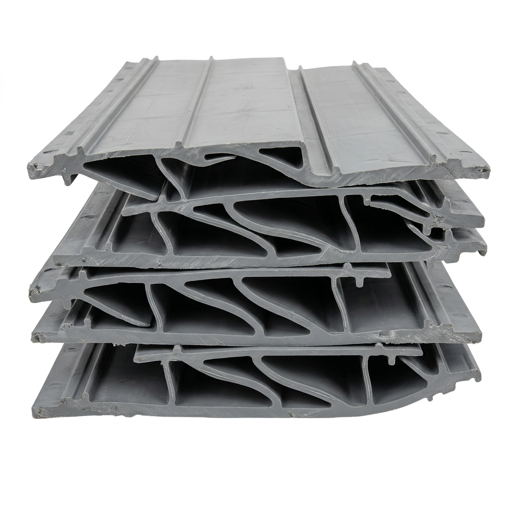 AI Design for Cut-outs need this instead of a ground: isolated on a pure white background, no shadow, no scene, no surface.

A stack of four cooling tower air inlet louvre panels laid one on another
    with their edges slightly offset so the blade profile is visible.