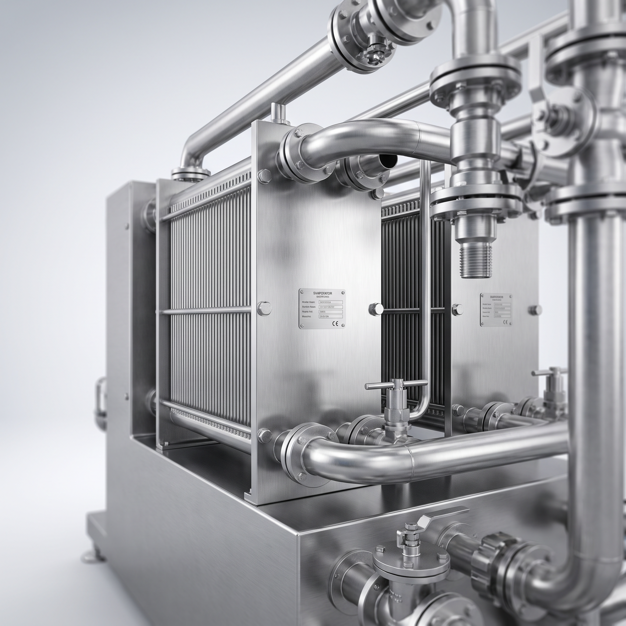 AI Design for Professional studio product photography of a {{product:Evaporators}}, captured with crisp industrial lighting against a clean, neutral gradient background. Focus on the intricate metallic textures, polished steel surfaces, and precision engineering details, utilizing a shallow depth of field to emphasize the structural complexity. High-resolution, sharp focus, commercial aesthetic suitable for a technical catalog or website hero banner.