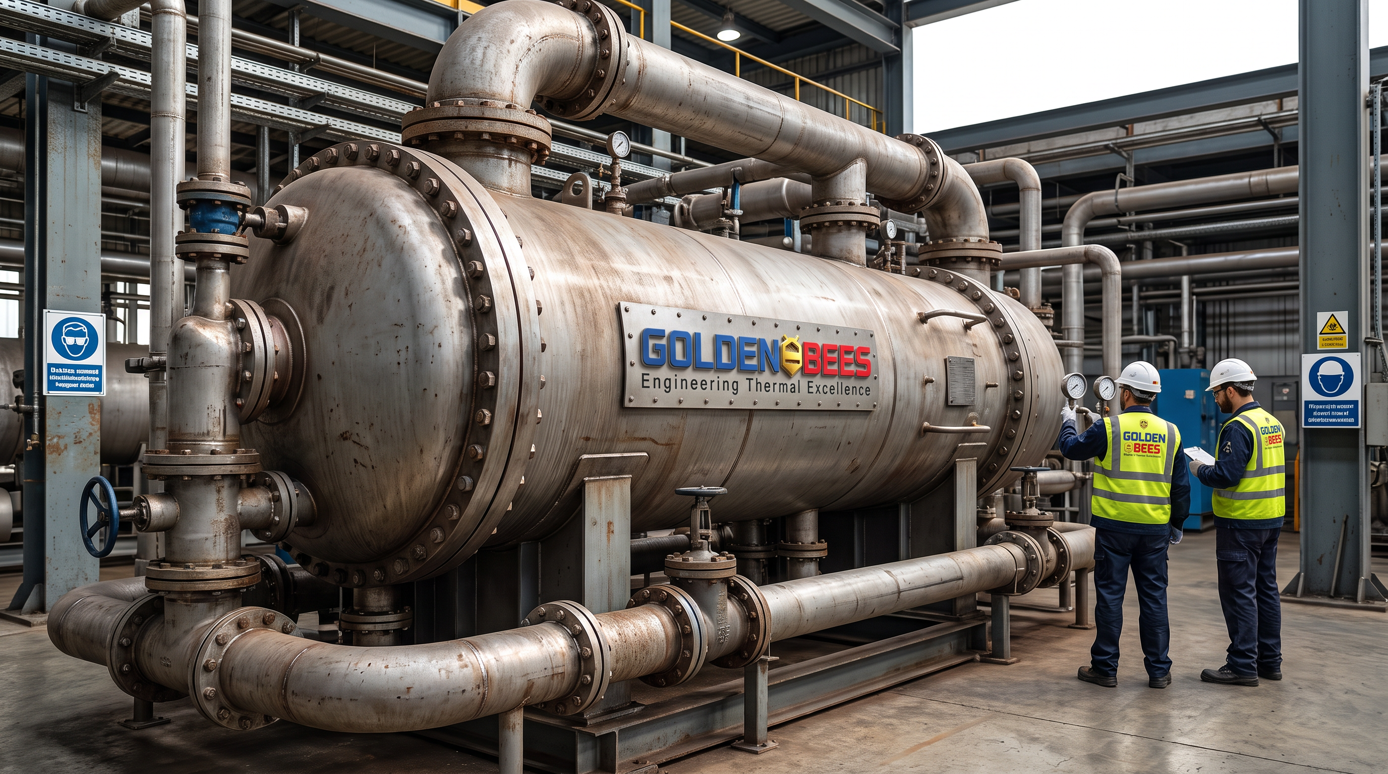 AI Design for Create a photorealistic premium industrial photograph for a corporate website service tile representing **Shell & Tube Heat Exchanger**.

Show a large industrial shell-and-tube heat exchanger installed inside a real heavy industrial process facility, with realistic metal construction, connected piping, valves, flanges and structural supports. Include subtle engineers/technicians inspecting the equipment in the background to communicate real engineering and field expertise.

Composition: cinematic 3/4 perspective, equipment as the clear visual focal point, realistic industrial depth, clean negative space suitable for website overlay text, sophisticated commercial photography.

**Use the attached Golden Bees / GBGCC logo for branding.** Integrate the attached logo naturally and accurately on the equipment, engineer PPE, safety signage, or another realistic surface. Preserve the exact logo design, proportions and colors. Do not redesign, distort, repeat excessively, or create a different logo.

Lighting should feel like an authentic high-end industrial photograph: realistic metal reflections, natural shadows, controlled contrast, atmospheric industrial environment, physically accurate materials and proportions.

No futuristic machinery, exaggerated glow, fantasy environment, floating components, excessive lens effects, artificial CGI appearance, generic stock-photo look, or visible AI artifacts.

**Ultra-photorealistic documentary industrial photography, technically authentic, premium engineering company aesthetic, highly detailed, natural imperfections, realistic textures, real-camera look.**