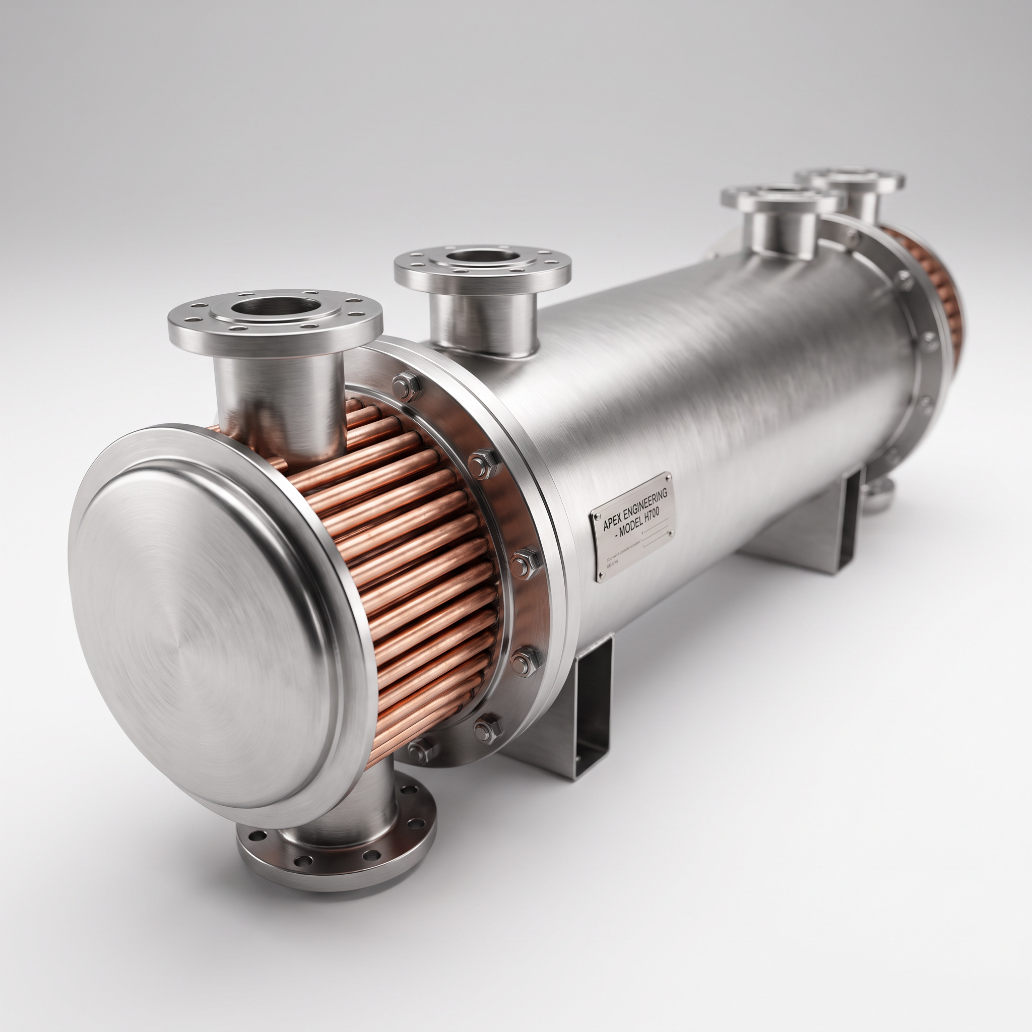 AI Design for Professional studio product photography of a {{product:Shell & Tube Heat Exchangers}}, captured with crisp industrial lighting against a clean, neutral gradient background. Focus on the intricate metallic textures, polished steel surfaces, and precision engineering details, utilizing a shallow depth of field to emphasize the structural complexity. High-resolution, sharp focus, commercial aesthetic suitable for a technical catalog or website hero banner.