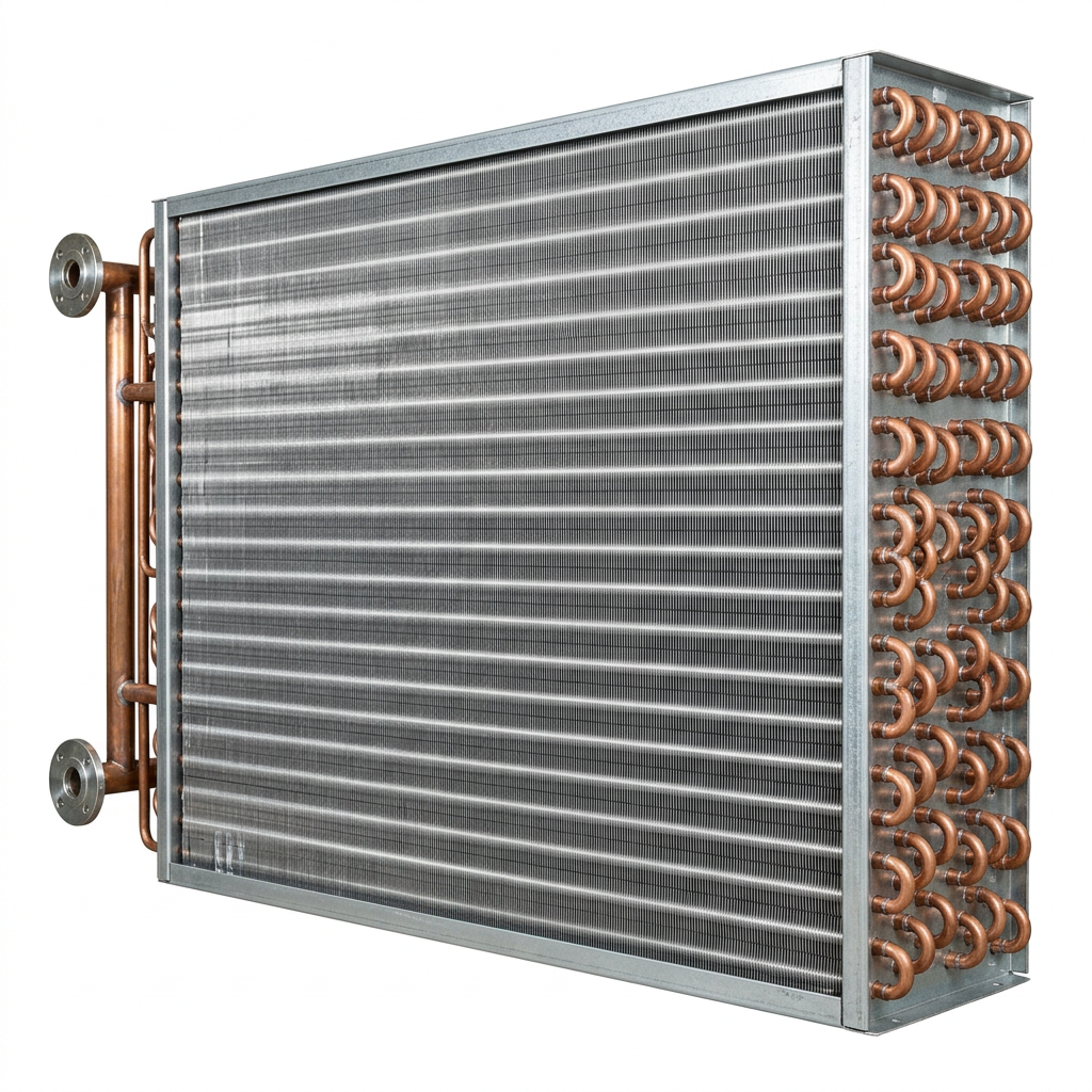 AI Design for Cut-outs need this instead of a ground: isolated on a pure white background, no shadow, no scene, no surface.

A single finned condenser coil, three-quarter view, showing the aluminium
    fin pack, the copper return bends along one end and the flanged header
    connections along the other.