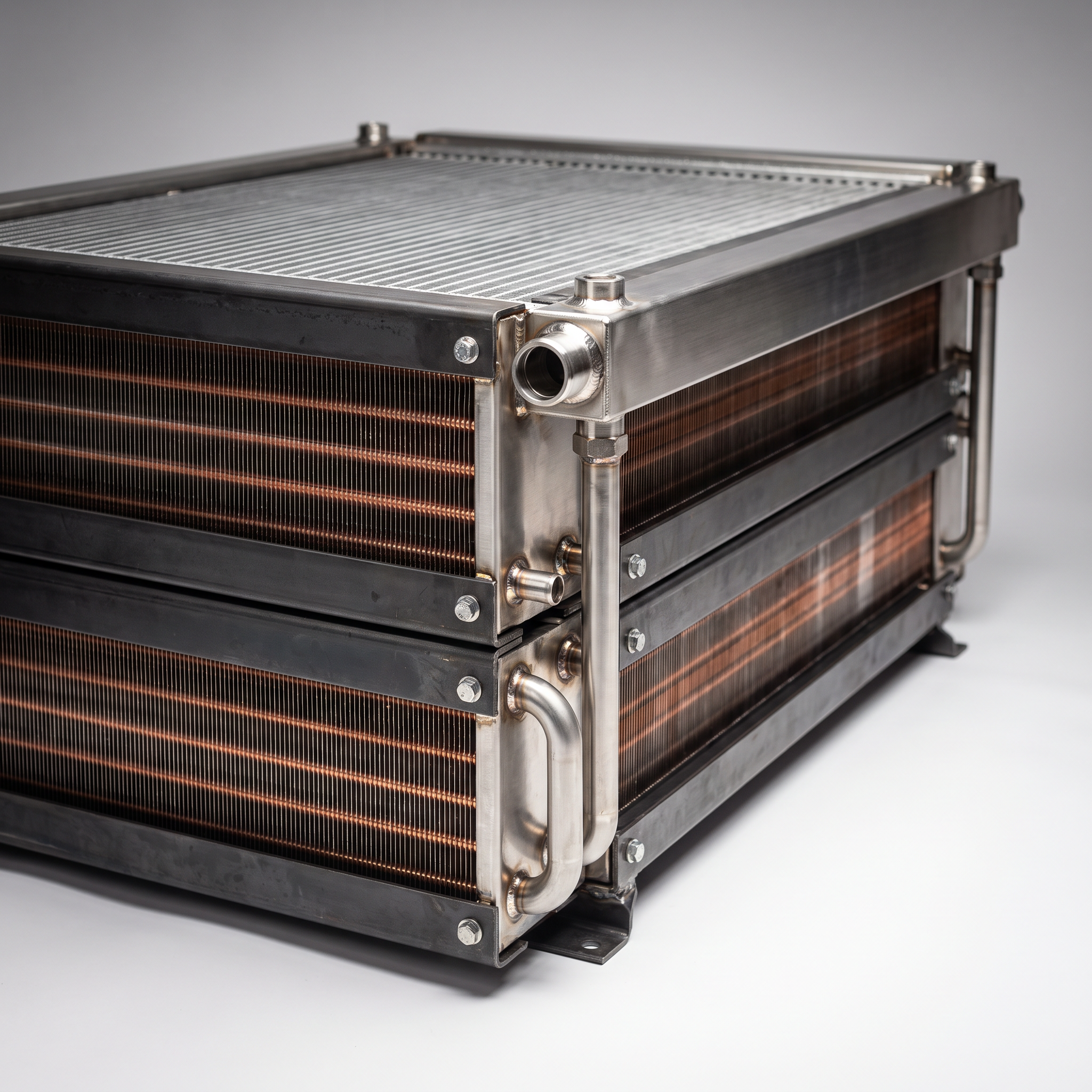 AI Design for Professional studio product photography of a {{product:Radiators
Heavy-duty industrial radiators for engine cooling, power generation and process applications. Built to withstand harsh operating conditions.

Copper
Aluminium
Carbon Steel Frames
Stainless Steel}}, captured with crisp industrial lighting against a clean, neutral gradient background. Focus on the intricate metallic textures, polished steel surfaces, and precision engineering details, utilizing a shallow depth of field to emphasize the structural complexity. High-resolution, sharp focus, commercial aesthetic suitable for a technical catalog or website hero banner.