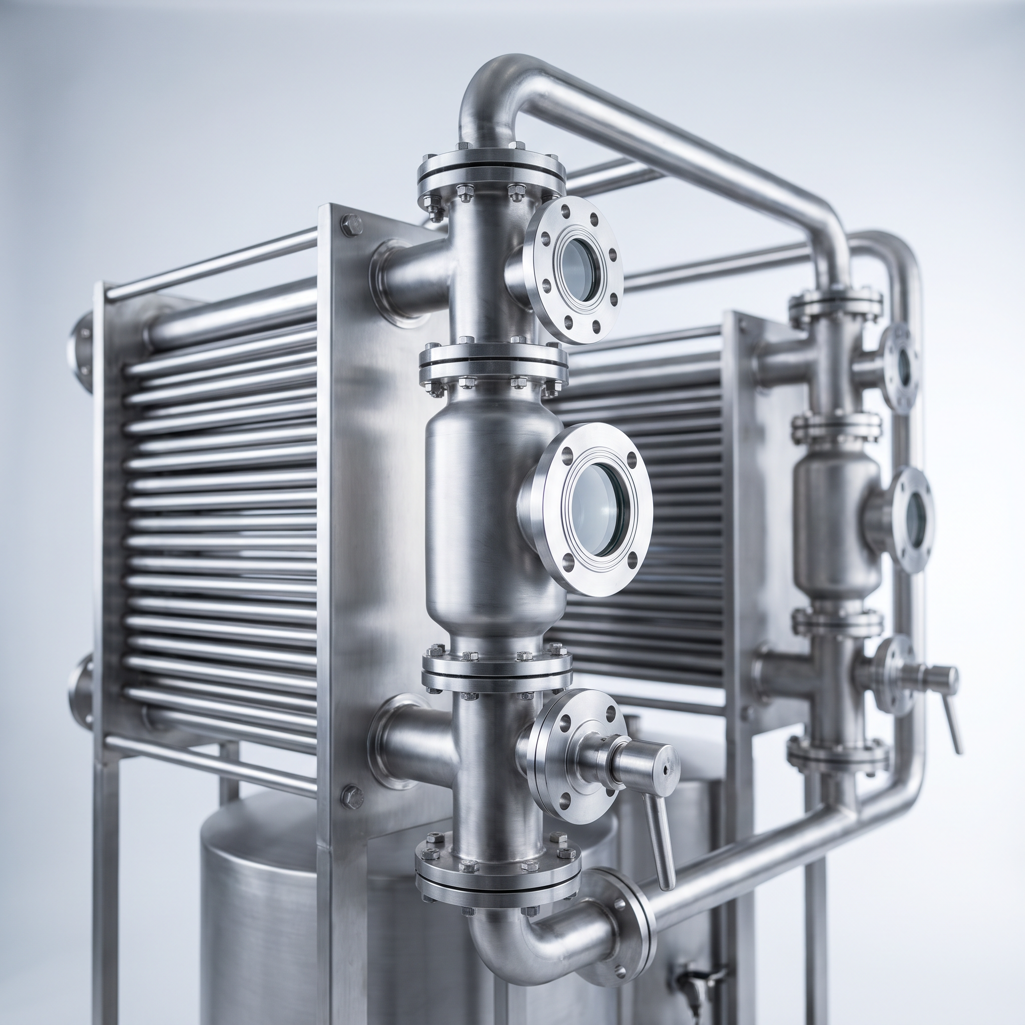 AI Design for Professional studio product photography of a {{product:Evaporators}}, captured with crisp industrial lighting against a clean, neutral gradient background. Focus on the intricate metallic textures, polished steel surfaces, and precision engineering details, utilizing a shallow depth of field to emphasize the structural complexity. High-resolution, sharp focus, commercial aesthetic suitable for a technical catalog or website hero banner.