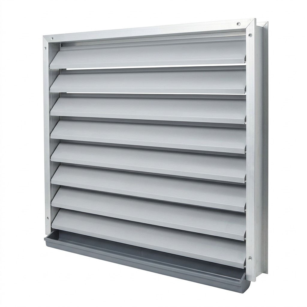 AI Design for Cut-outs need this instead of a ground: isolated on a pure white background, no shadow, no scene, no surface.

 A single cooling tower air inlet louvre panel, three-quarter view, showing
    the angled blades and the drainage lip along the lower edge. Grey PVC in a
    light metal frame.