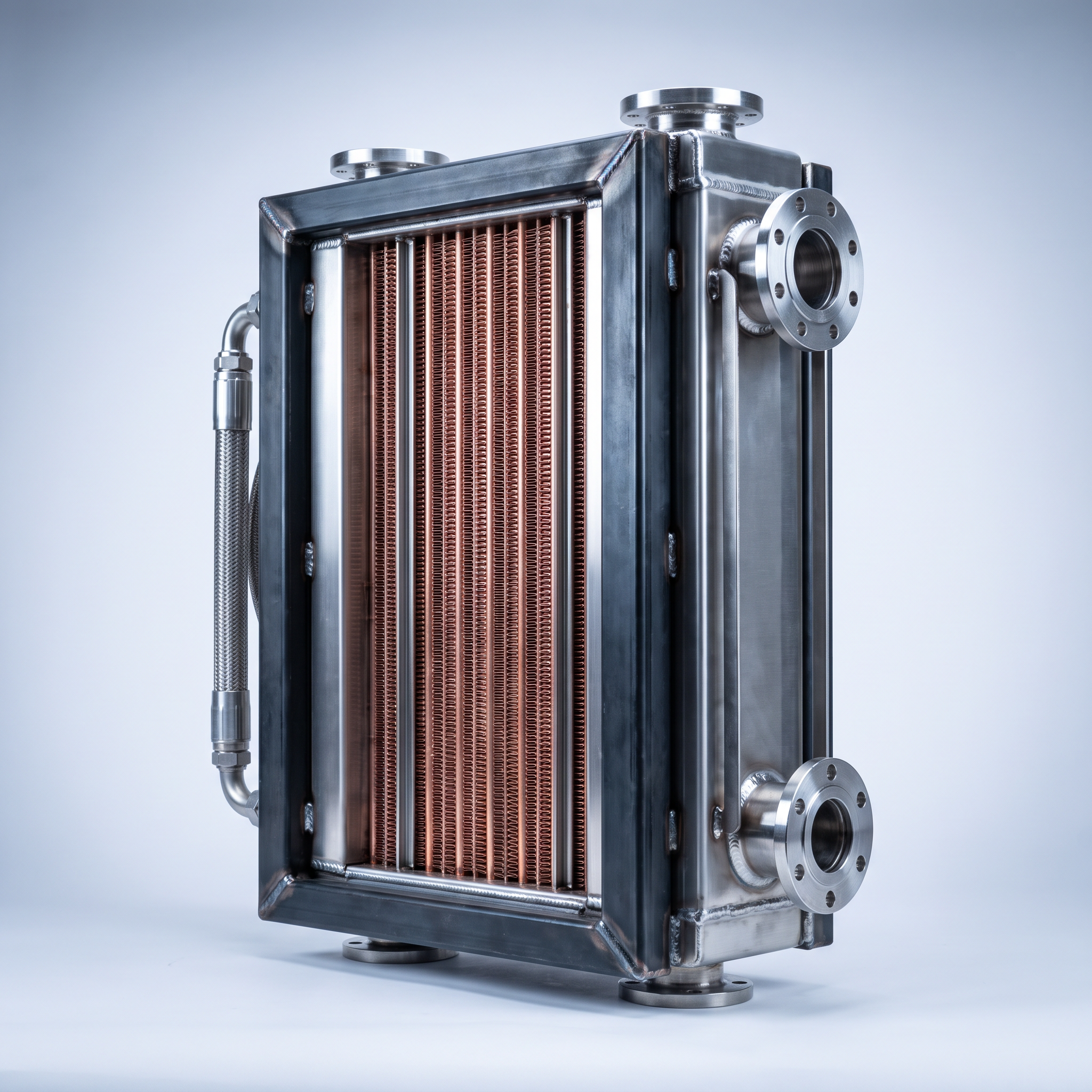 AI Design for Professional studio product photography of a {{product:Radiators
Heavy-duty industrial radiators for engine cooling, power generation and process applications. Built to withstand harsh operating conditions.

Copper
Aluminium
Carbon Steel Frames
Stainless Steel}}, captured with crisp industrial lighting against a clean, neutral gradient background. Focus on the intricate metallic textures, polished steel surfaces, and precision engineering details, utilizing a shallow depth of field to emphasize the structural complexity. High-resolution, sharp focus, commercial aesthetic suitable for a technical catalog or website hero banner.