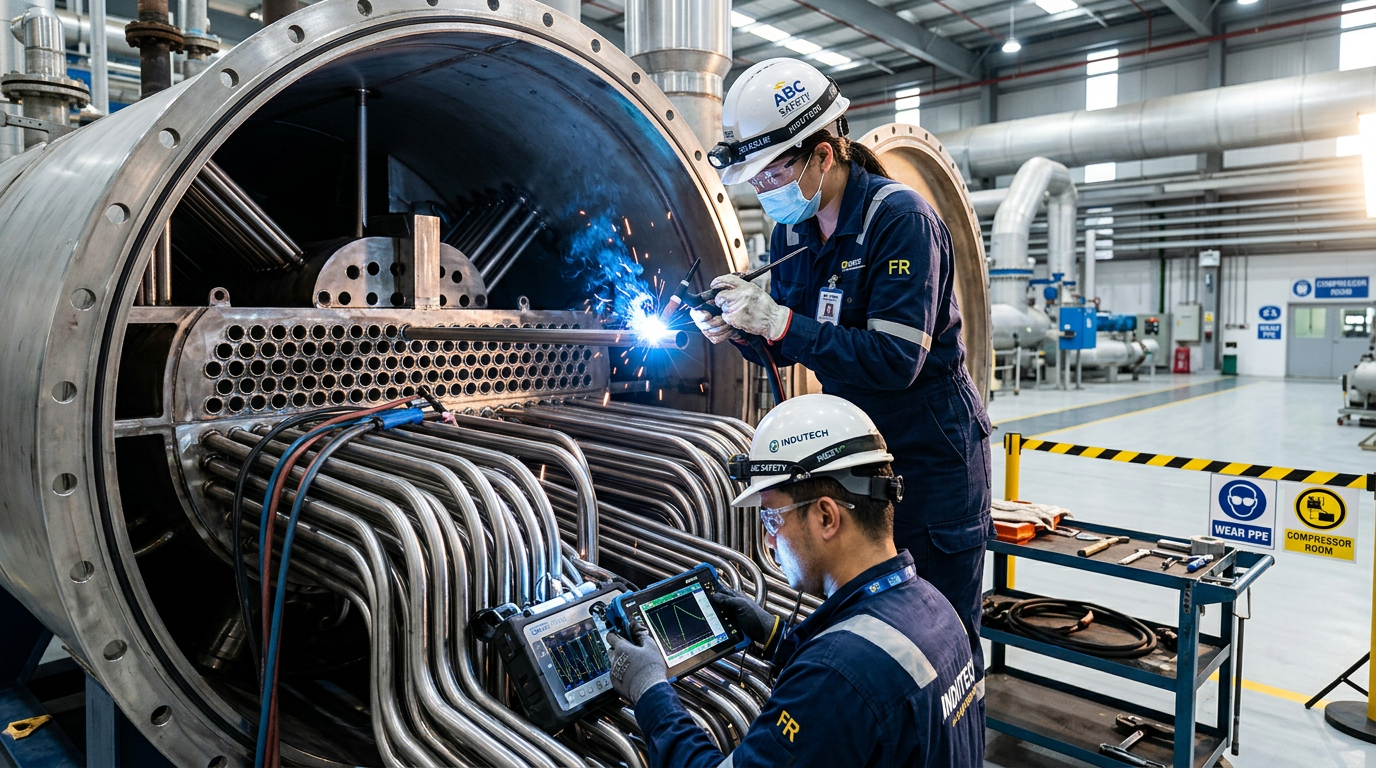 AI Design for A professional industrial safety photograph showcasing expert technicians performing boiler re-tubing and meticulous weld inspection inside a brightly lit, modern industrial facility. The scene emphasizes precision engineering, featuring sharp focus on newly installed stainless steel boiler tubes, vibrant blue welding sparks, and clear diagnostic testing equipment. Captured from a dynamic medium-angle with dramatic side lighting that highlights metallic textures and industrial cleanliness, rendered in a realistic, high-contrast color palette.