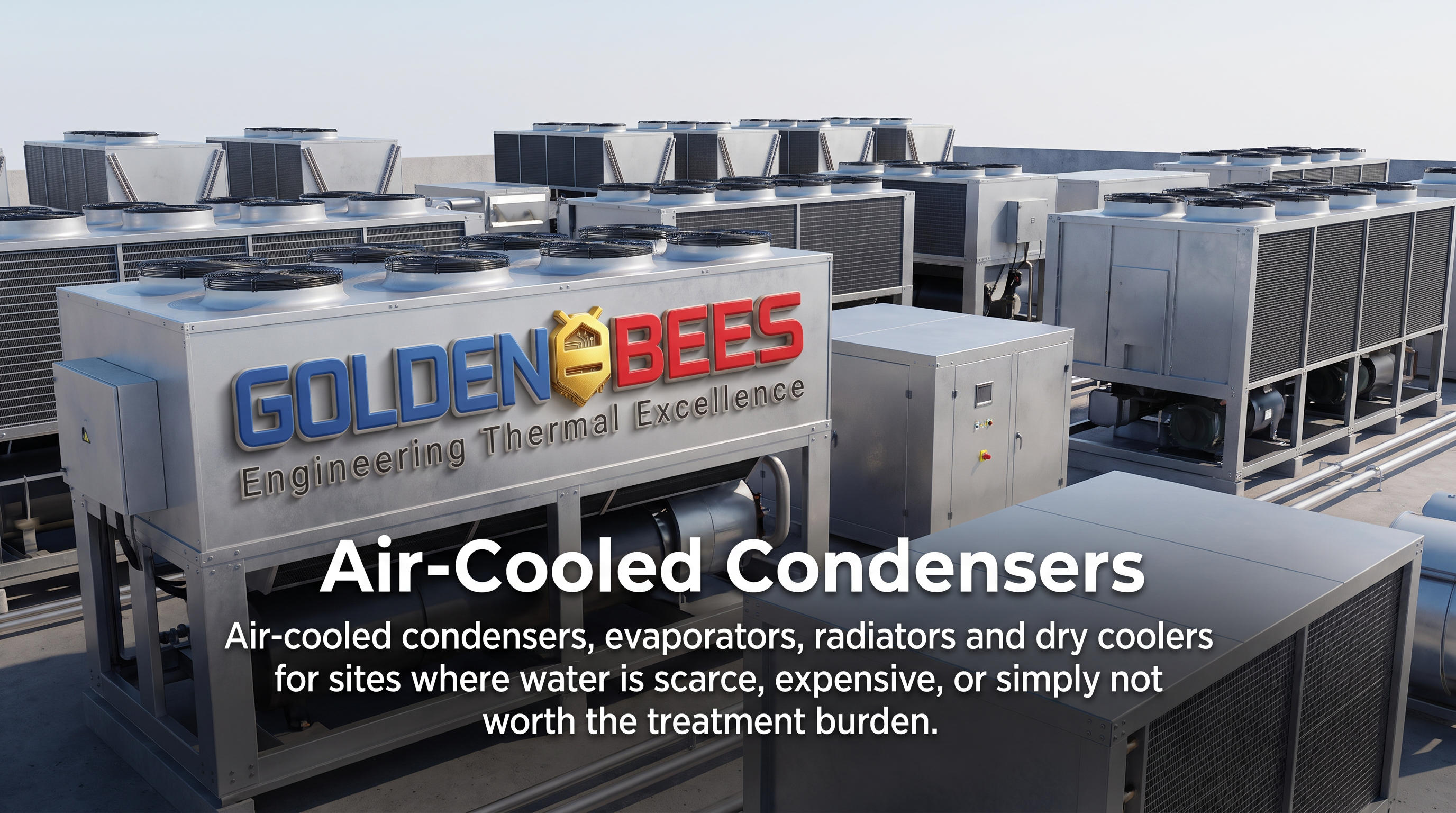 AI Design for Air-Cooled Condensers
Air-cooled condensers, evaporators, radiators and dry coolers for sites where water is scarce, expensive, or simply not worth the treatment burden.

brand the logo behind