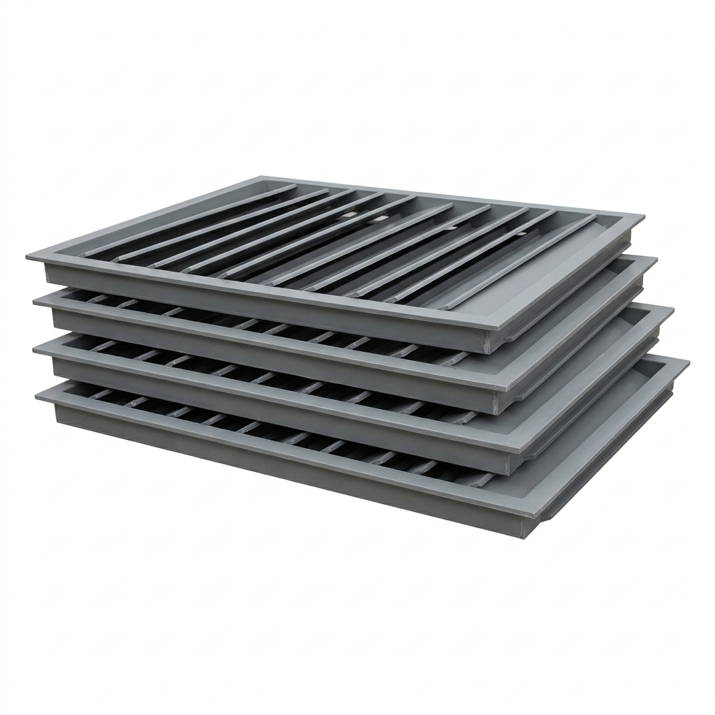 AI Design for Cut-outs need this instead of a ground: isolated on a pure white background, no shadow, no scene, no surface.

 A stack of four cooling tower air inlet louvre panels laid one on another
    with their edges slightly offset so the blade profile is visible.