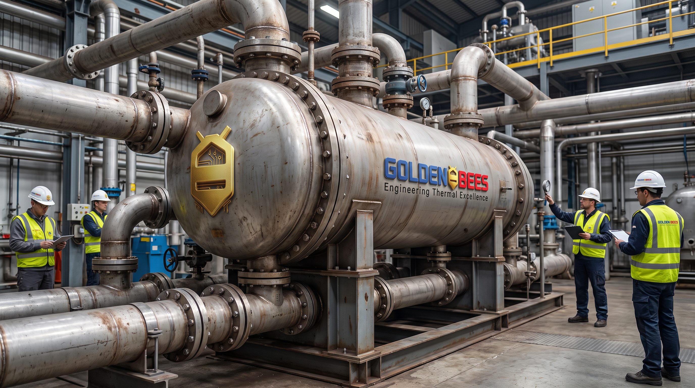 AI Design for Create a photorealistic premium industrial photograph for a corporate website service tile representing **Shell & Tube Heat Exchanger**.

Show a large industrial shell-and-tube heat exchanger installed inside a real heavy industrial process facility, with realistic metal construction, connected piping, valves, flanges and structural supports. Include subtle engineers/technicians inspecting the equipment in the background to communicate real engineering and field expertise.

Composition: cinematic 3/4 perspective, equipment as the clear visual focal point, realistic industrial depth, clean negative space suitable for website overlay text, sophisticated commercial photography.

**Use the attached Golden Bees / GBGCC logo for branding.** Integrate the attached logo naturally and accurately on the equipment, engineer PPE, safety signage, or another realistic surface. Preserve the exact logo design, proportions and colors. Do not redesign, distort, repeat excessively, or create a different logo.

Lighting should feel like an authentic high-end industrial photograph: realistic metal reflections, natural shadows, controlled contrast, atmospheric industrial environment, physically accurate materials and proportions.

No futuristic machinery, exaggerated glow, fantasy environment, floating components, excessive lens effects, artificial CGI appearance, generic stock-photo look, or visible AI artifacts.

**Ultra-photorealistic documentary industrial photography, technically authentic, premium engineering company aesthetic, highly detailed, natural imperfections, realistic textures, real-camera look.**
