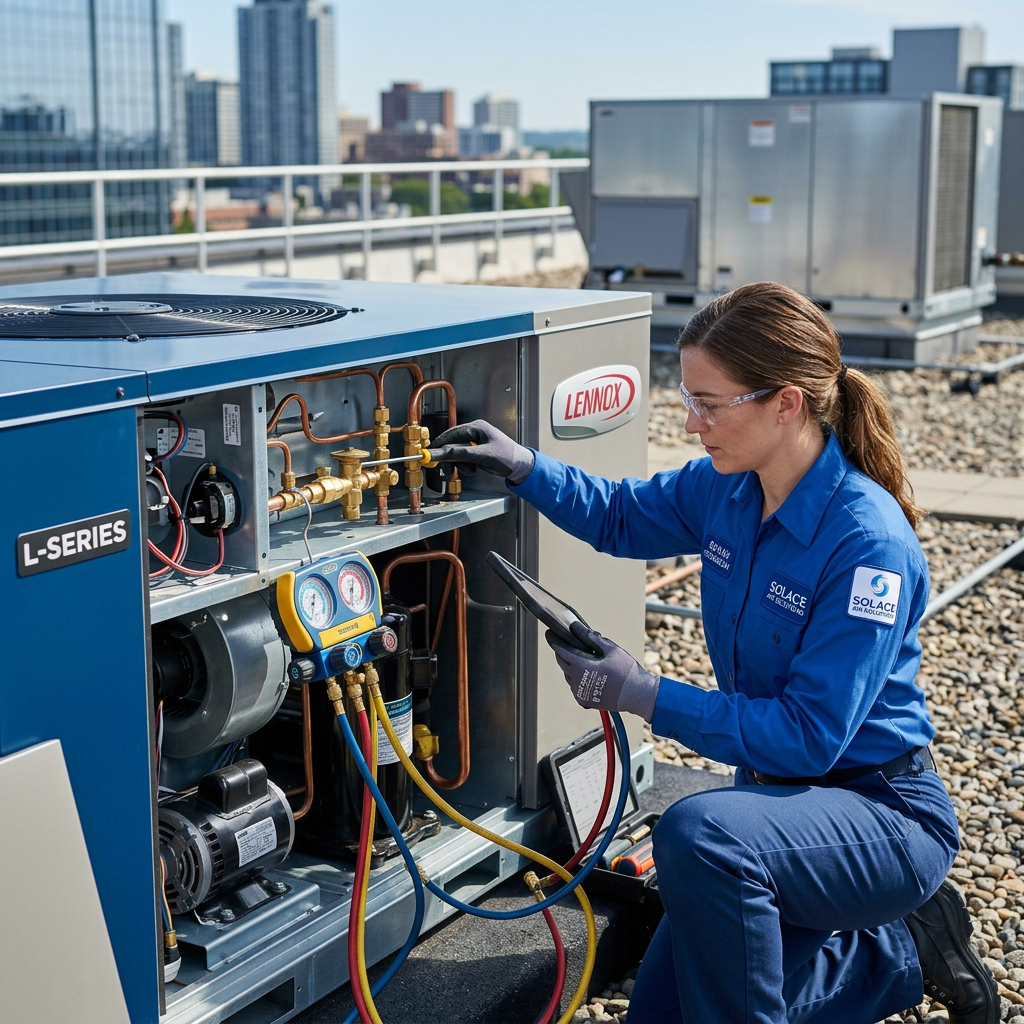 AI Design for A professional HVAC technician in clean uniform performing precision diagnostic maintenance on a modern, sleek commercial rooftop heating and cooling unit. Bright daylight, crisp industrial aesthetic, sharp focus on mechanical gauges and polished metal components, with a clean corporate blue and metallic color palette. Captured with a professional DSLR camera at eye-level, emphasizing reliability, safety, and expert craftsmanship.