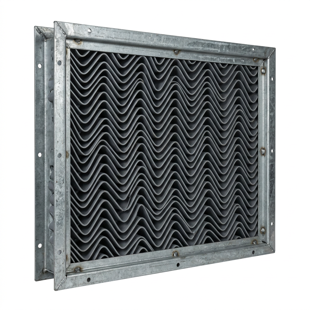 AI Design for Cut-outs need this instead of a ground: isolated on a pure white background, no shadow, no scene, no surface.

A rectangular framed drift eliminator panel in a galvanised steel frame,
    viewed at a slight angle, with the wave-profile PVC blades set inside it.