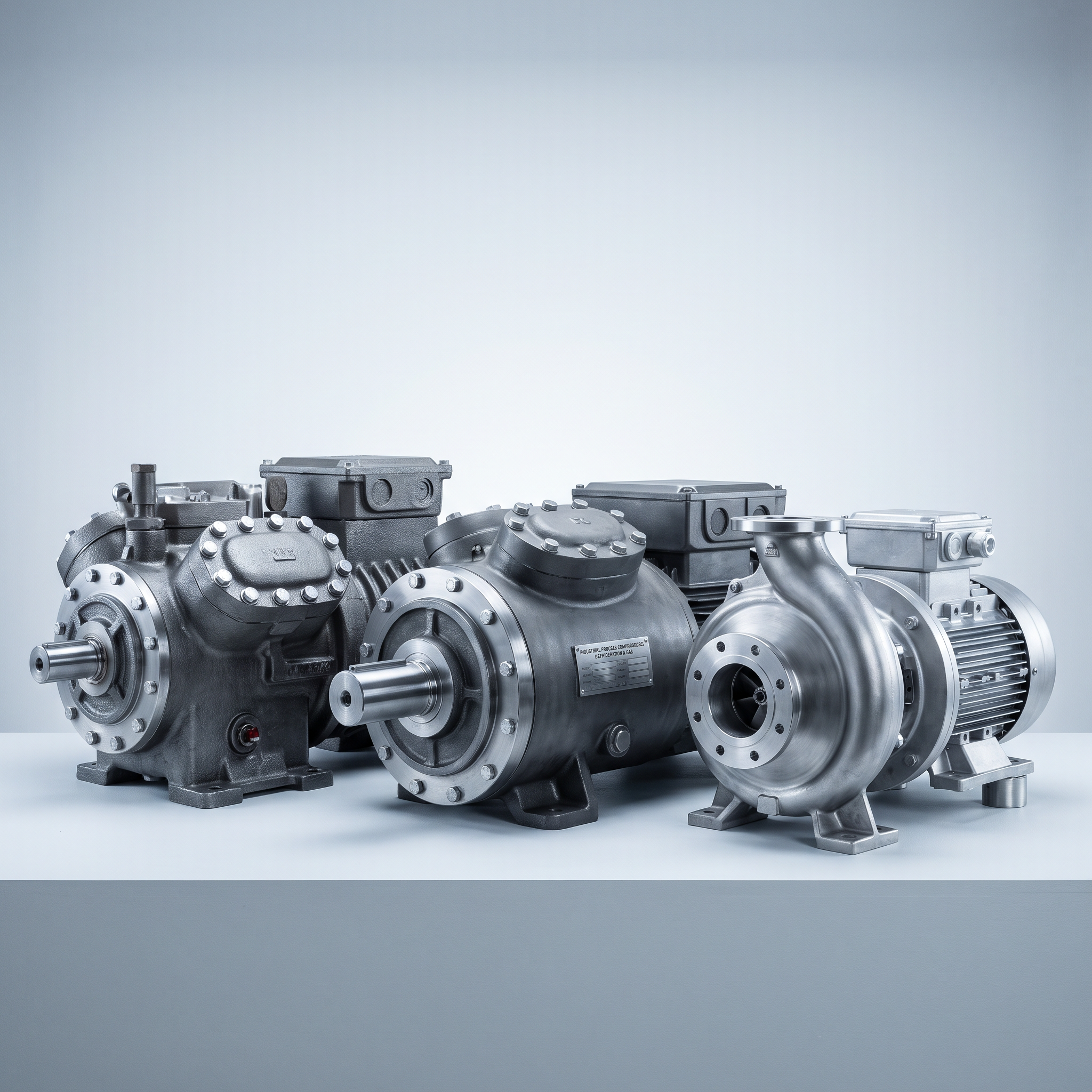 AI Design for Professional studio product photography of {{product:Reciprocating, screw and centrifugal compressors for refrigeration, process gas and industrial applications. Supply, installation and full lifecycle support.
Cast Iron
Carbon Steel
Stainless Steel
Aluminium}}, captured with crisp industrial lighting against a clean, neutral gradient background. Focus on the intricate metallic textures, polished steel surfaces, and precision engineering details, utilizing a shallow depth of field to emphasize the structural complexity and commercial aesthetic.