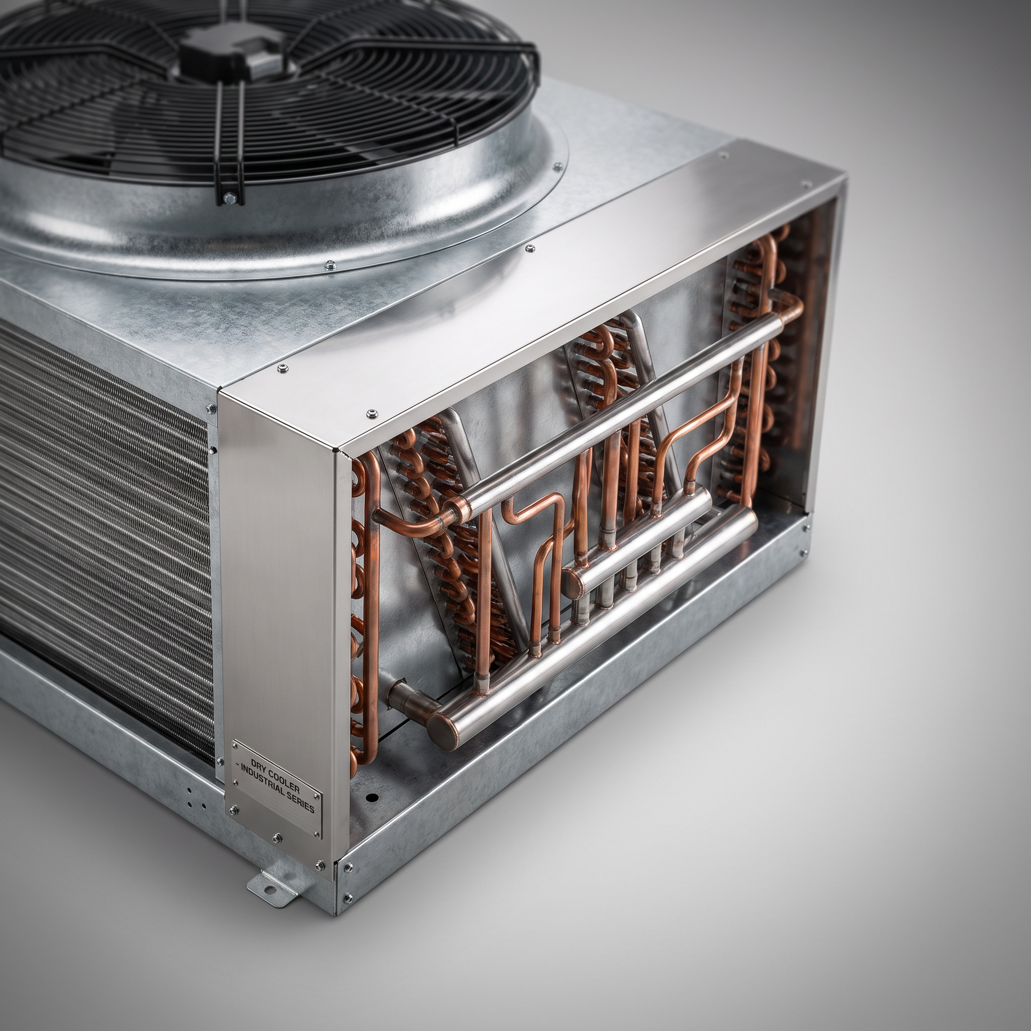 AI Design for Professional studio product photography of a {{product:Dry Coolers
Dry coolers for closed-loop cooling systems where water usage must be minimised. Suitable for data centres, power plants and industrial processes.

Copper
Aluminium Fins
Galvanised Steel
Stainless Steel}}, captured with crisp industrial lighting against a clean, neutral gradient background. Focus on the intricate metallic textures, polished steel surfaces, and precision engineering details, utilizing a shallow depth of field to emphasize the structural complexity. High-resolution, sharp focus, commercial aesthetic suitable for a technical catalog or website hero banner.