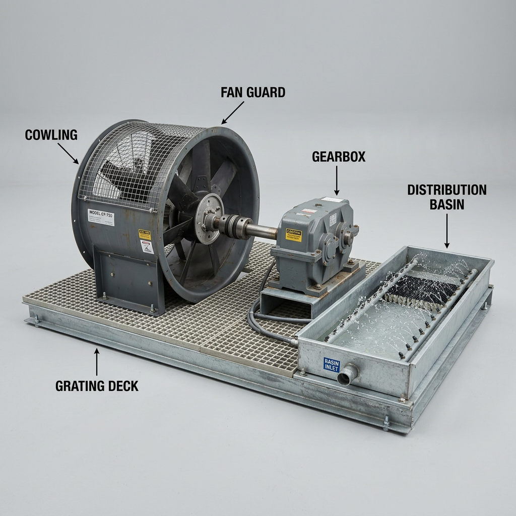 AI Design for The roof deck of a crossflow cooling tower on a plain grey studio ground:
large axial fan in a cylindrical fan cowl with a protective mesh guard, the
gearbox and drive shaft beside it, and the open hot-water distribution basin
with its splash nozzles alongside.