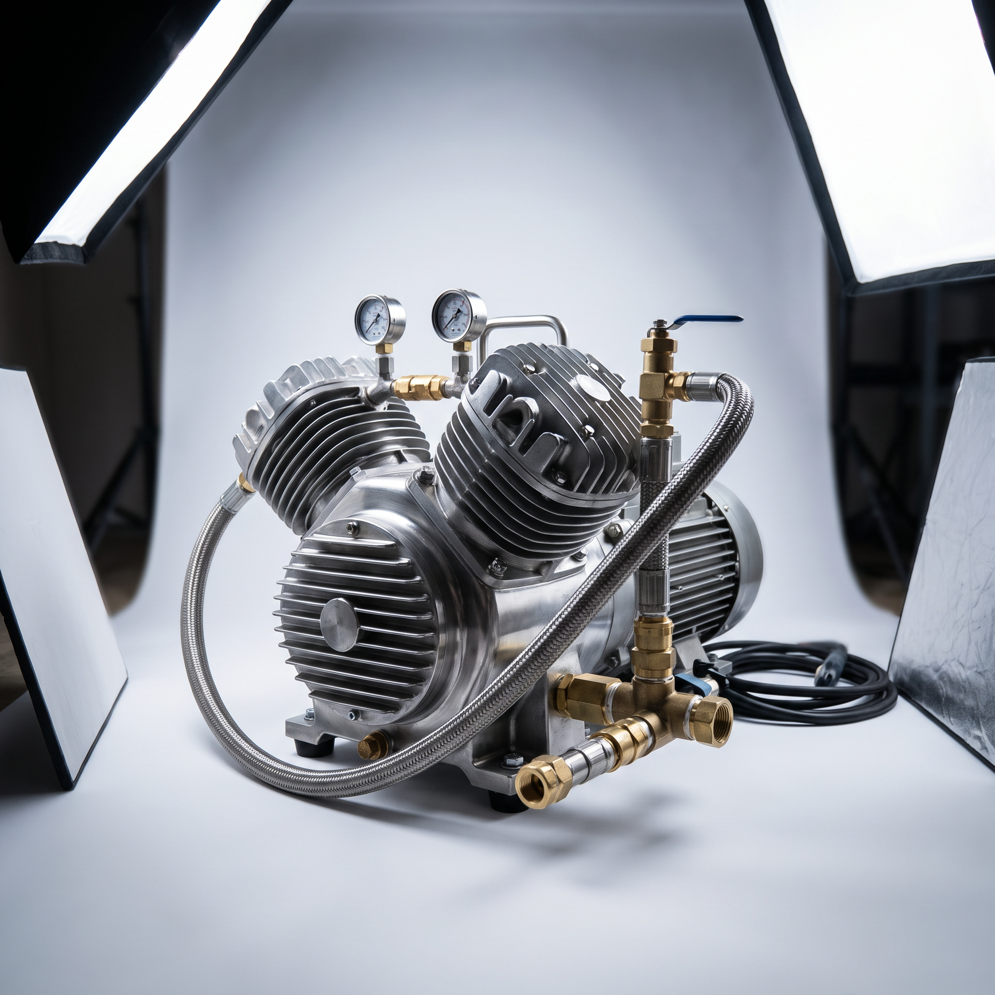 AI Design for Professional studio product photography of {{product:Compressors}}, captured with crisp industrial lighting against a clean, neutral gradient background. Focus on the intricate metallic textures, polished steel surfaces, and precision engineering details, utilizing a shallow depth of field to emphasize the structural complexity and commercial aesthetic.