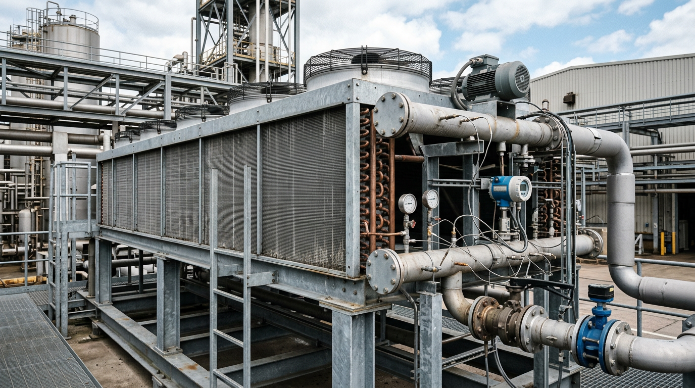 AI Design for Create a photorealistic industrial engineering photograph showing a large **air-cooled condenser / dry cooler** installed at a real industrial facility. Clearly show the complete finned heat-exchanger coil assembly, accurately arranged aluminum fins, copper or steel tube connections, axial fans, fan guards, structural steel frame, headers, valves and connected piping. Include a realistic evaporator or radiator-style heat-exchanger section where appropriate, with visible coil geometry and service access panels. Show a technically accurate performance-verification setup with pressure gauges, temperature sensors and flow instrumentation connected to the equipment, demonstrating inspection and testing rather than a generic product display. Authentic industrial setting, realistic galvanized steel and painted metal surfaces, natural daylight, subtle weathering, genuine joints, fasteners and fabrication details, documentary photography, realistic perspective and scale, premium but understated composition suitable for a corporate service webpage. No humans, no workers, no mannequins, no text, no logos, no futuristic equipment, no excessive steam or dramatic effects, no impossible piping, no CGI/plastic appearance, no artificial symmetry. The image must look like a genuine photograph taken during fabrication, installation or performance verification of professional air-cooled thermal equipment.