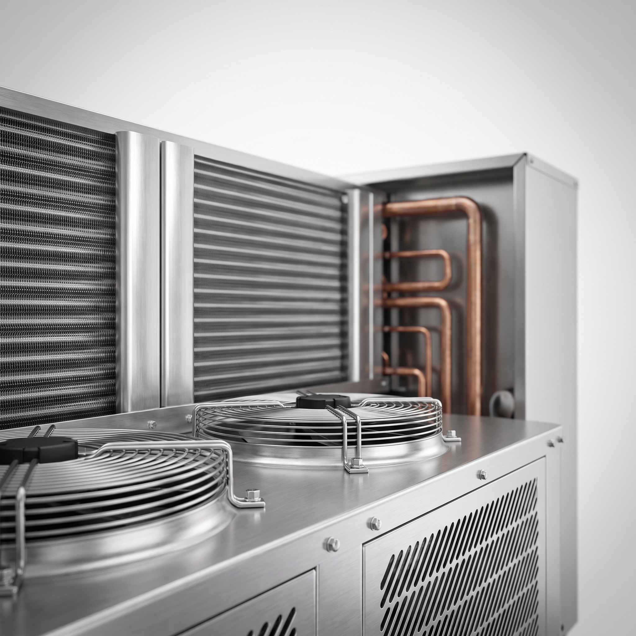 AI Design for Professional studio product photography of a {{product:Air-Cooled Condensers}}, captured with crisp industrial lighting against a clean, neutral gradient background. Focus on the intricate metallic textures, polished steel surfaces, and precision engineering details, utilizing a shallow depth of field to emphasize the structural complexity. High-resolution, sharp focus, commercial aesthetic suitable for a technical catalog or website hero banner.