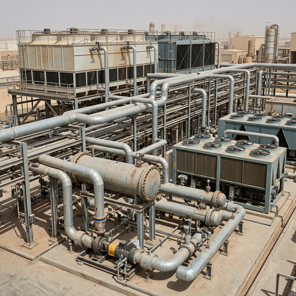 AI Design for Create a set of **4 highly photorealistic documentary-style industrial engineering photographs** representing the complete service capabilities of **Golden Bees** across industrial heating, cooling, HVAC and thermal engineering.

**Image 1 — Integrated Industrial Cooling & Thermal Systems:** Show a real industrial plant with multiple interconnected thermal systems including cooling towers, chillers, heat exchangers, pumps, large process piping, valves and instrumentation. Wide establishing composition that communicates large-scale thermal engineering capability.

**Image 2 — Engineering, Fabrication & Equipment:** Show a genuine heavy-industrial fabrication workshop containing large shell-and-tube heat exchangers, industrial cooling equipment, fabricated piping, tube bundles and mechanical components at different stages of fabrication, inspection and preparation.

**Image 3 — Installation, HVAC & Commissioning:** Show a real completed industrial mechanical installation with air-cooled condensers or dry coolers, HVAC/MEP equipment, chilled-water piping, pumps, valves, electrical connections and commissioning instrumentation integrated into an existing facility.

**Image 4 — Maintenance, Overhaul & Upgrades:** Show a genuine industrial maintenance environment with a large compressor or boiler/thermal system partially opened for professional inspection and maintenance, surrounded by organized service equipment, replacement components, diagnostic instruments and upgraded mechanical connections.

All four images must feel like they belong to the **same real industrial engineering company and photographic documentation set**. Use authentic Saudi/Gulf-region industrial environments where naturally appropriate, realistic heavy equipment scale, galvanized and painted steel, concrete, pipe racks, structural supports, natural weathering, dust, minor surface wear, oil/grease marks and believable working-site imperfections.

Use natural daylight or realistic industrial ambient lighting, genuine photographic perspective, physically accurate equipment, natural shadows and reflections, realistic material textures and subtle camera imperfections. The images should look like photographs taken at actual industrial facilities and workshops—not advertising renders.

**No humans, no workers, no mannequins, no hands, no text, no logos, no brand names, no readable signage, no futuristic machinery, no impossible equipment combinations, no floating components, no excessive cleanliness, no artificial symmetry, no exaggerated smoke/steam, no dramatic cinematic effects, no CGI, no 3D-rendered appearance.**

The overall visual story should communicate: **engineering → fabrication → installation → commissioning → maintenance → long-term industrial support**, allowing a visitor to understand Golden Bees' complete heating, cooling and thermal engineering capability from the carousel alone.
