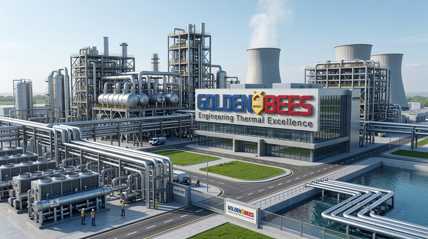 AI Design for A wide-angle, cinematic establishing shot of a massive modern industrial plant featuring an intricate network of thermal systems, precision-engineered chillers, and polished process piping under a crisp daylight sky. Towering industrial cooling towers release gentle steam, highlighting metallic textures, complex mechanical depth, cool industrial blues, and warm metallic accents. Integrated seamlessly into the landscape is the sophisticated Golden Bees Branding, displayed professionally on a sleek central administration building and subtle signage.